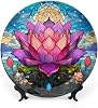 Decorative Plates, Boho Water Lily Stained Glass Design Display Plate for Home Office Kitchen Table Decor Porcelain Plates 8 Inch, Gifts for Lotus Lover