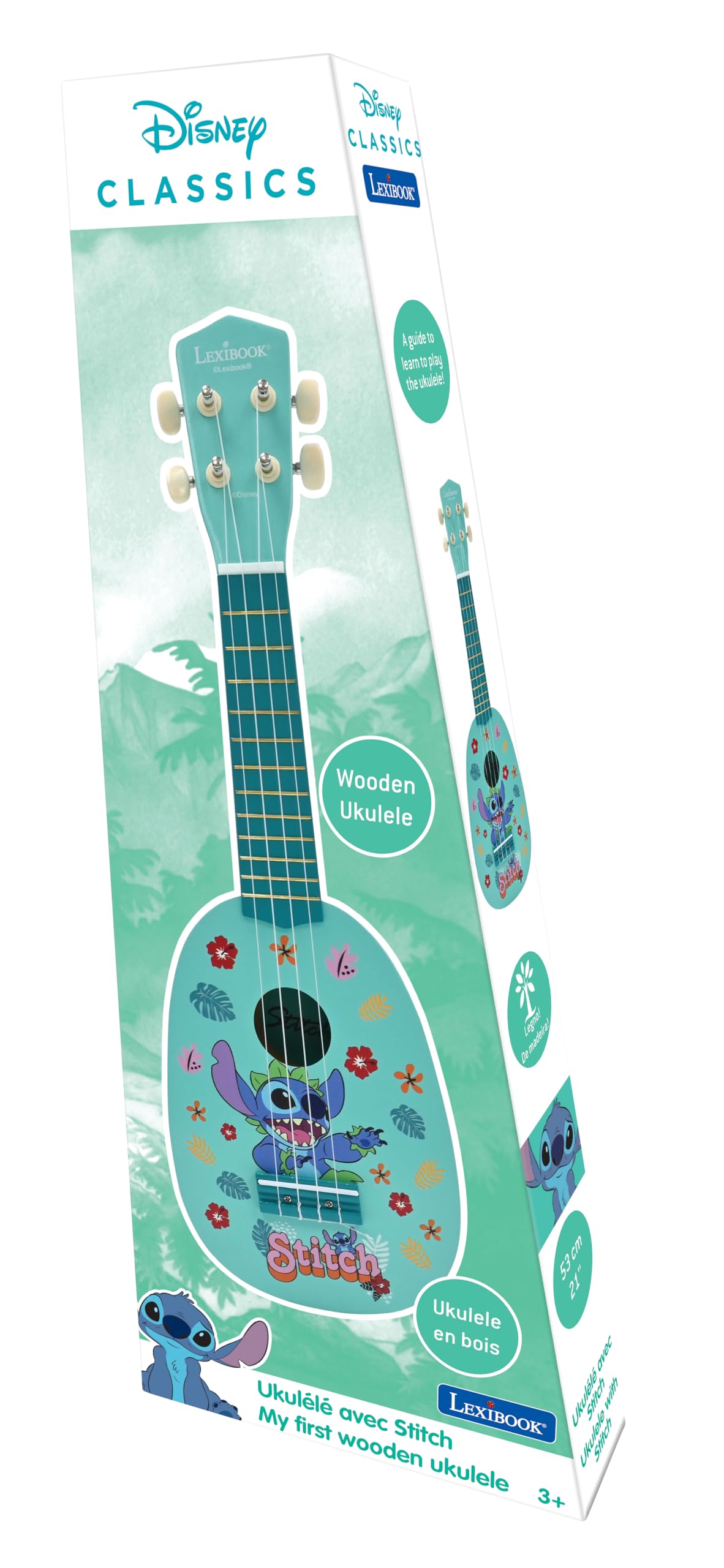 Lexibook, Disney Stitch, Il mio primo ukulele di legno, 4 corde di nylon, 53 cm, guida inclusa, Blu, K230D
