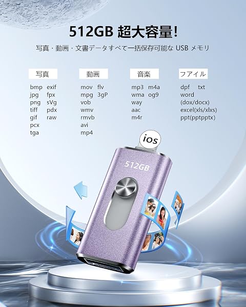 512GB usbメモリ【アプリ不要・アルバムから写真保存】4in1プッシュ型 Phone対応 スマホ携帯 高速 データ保存 バックアップ iOS/Type-C/USB/Micro USBフラッシュメモリ 外付けストレージ スライド式 容量不足解消 usbメモリ! (512Purple) - 5