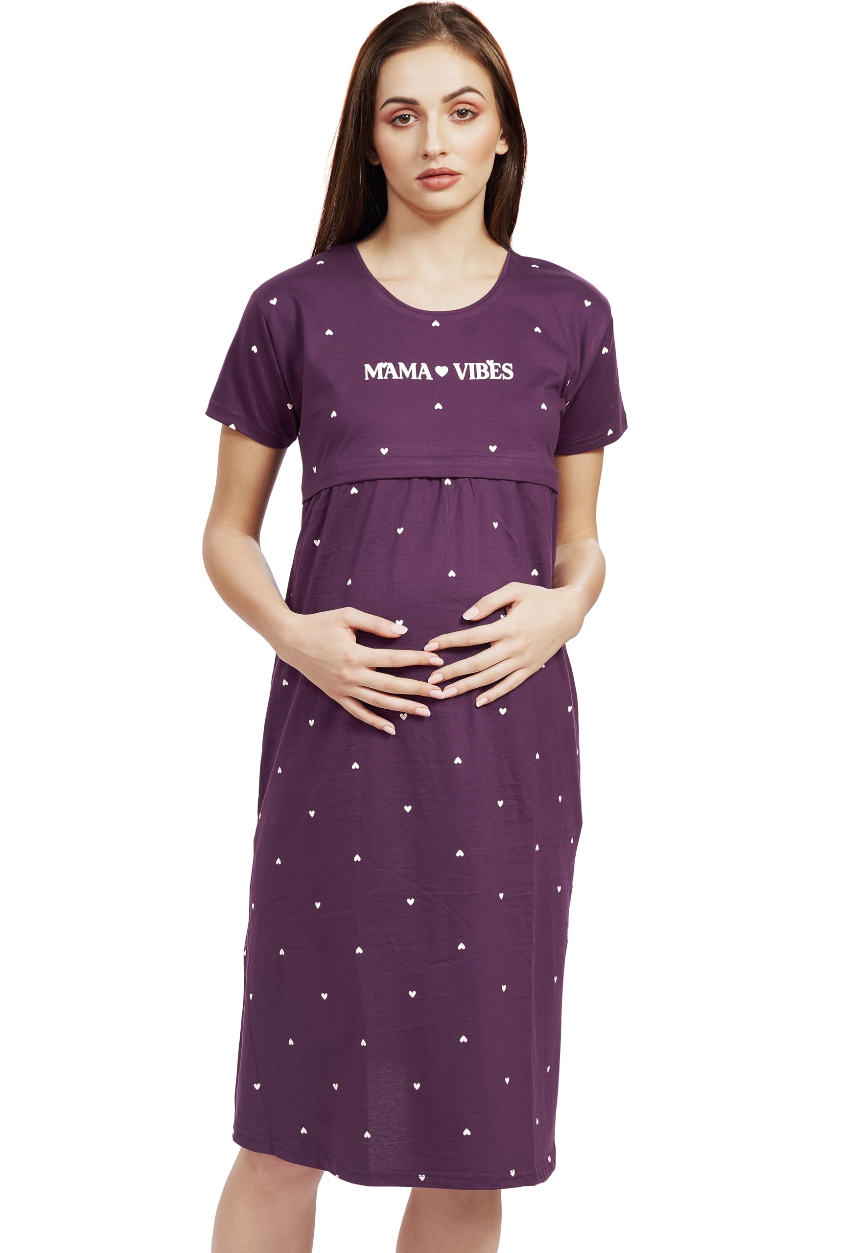 Knee Length Cotton Hearts Printed Maternity Night Dresses for Women Feeding, Purple, 8005 Regular Dress-image-44