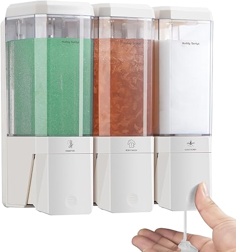 Miniatura 10 de Dispensador de jabón de ducha montado en la pared, champú acondicionador, dispensador de ducha para lavado corporal de 3 cámaras, sin taladro, Negro