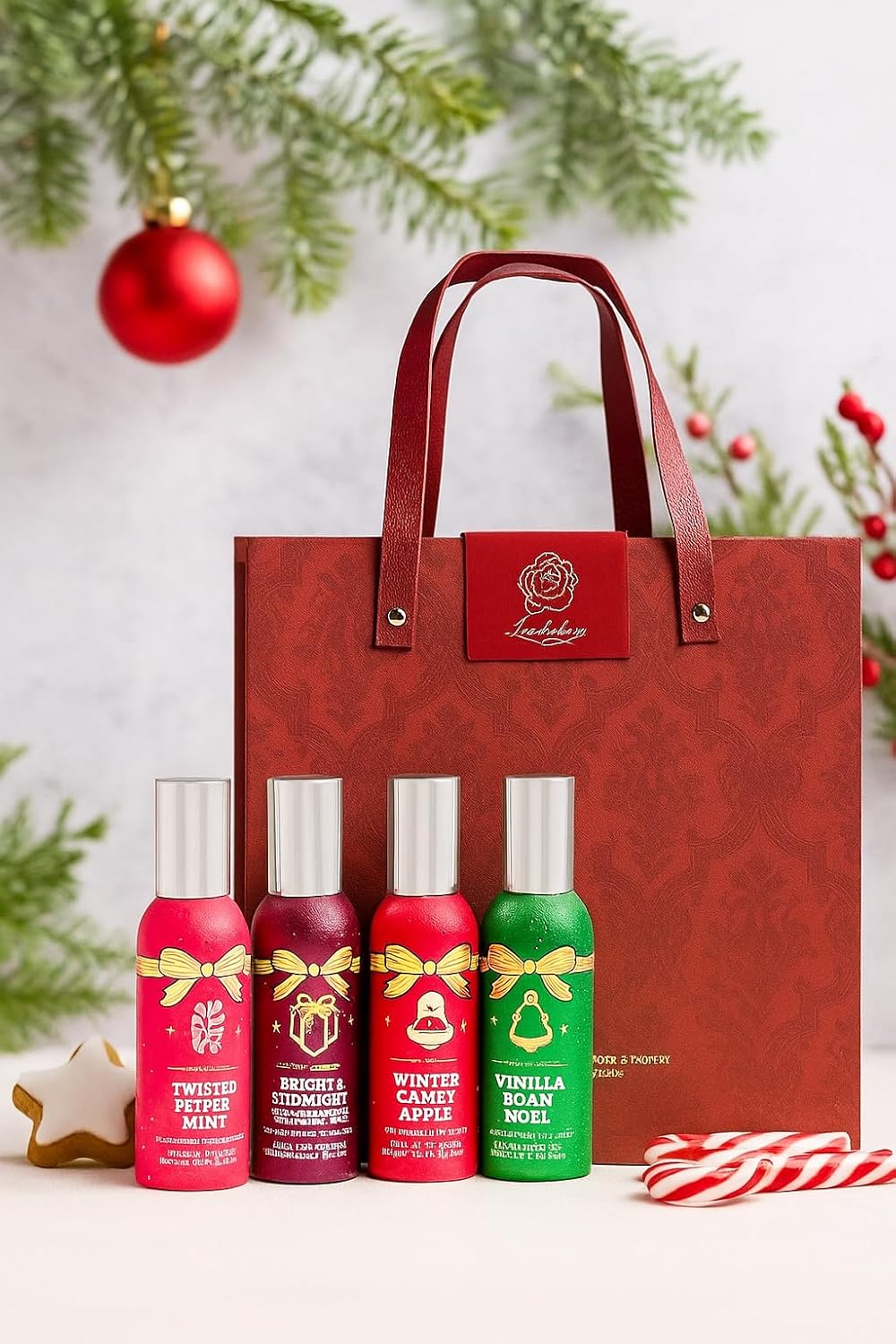Holiday Scents - White BarnBath/Body Work - 4 Concentrated Room Spray 1.5 oz / 42.5 g - Twisted Peppermint, Bright Christmas Morning, Winter Candy Apple & Vanilla Bean Noel with Gift Bag(Label Varies)
