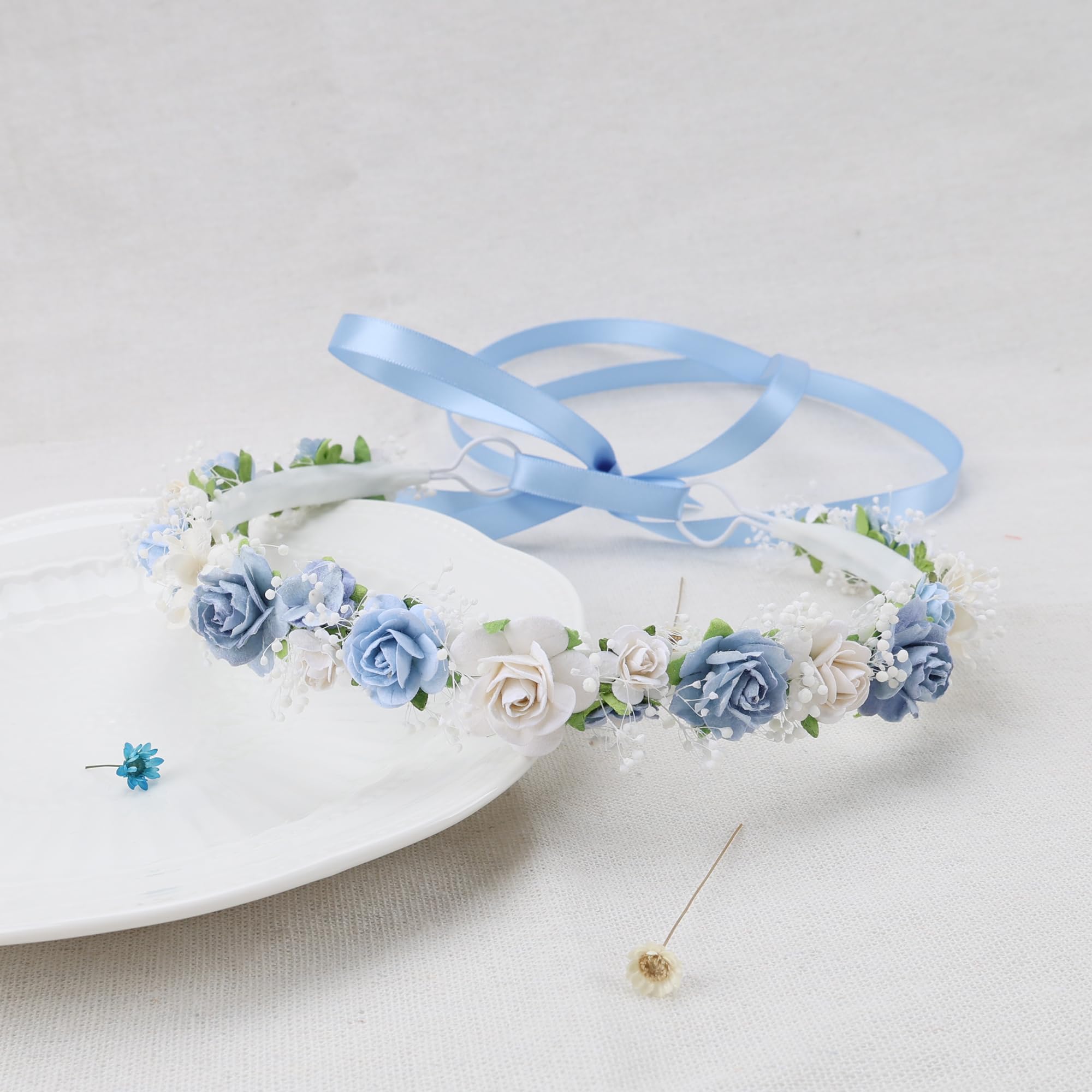 PoshMyra Dusty Blue Flower Girl Crown with Baby's Breath Children Baby Headpiece Floral Hair Wreath Wedding Halo Hair Accessories Headband for Child(43cm length)