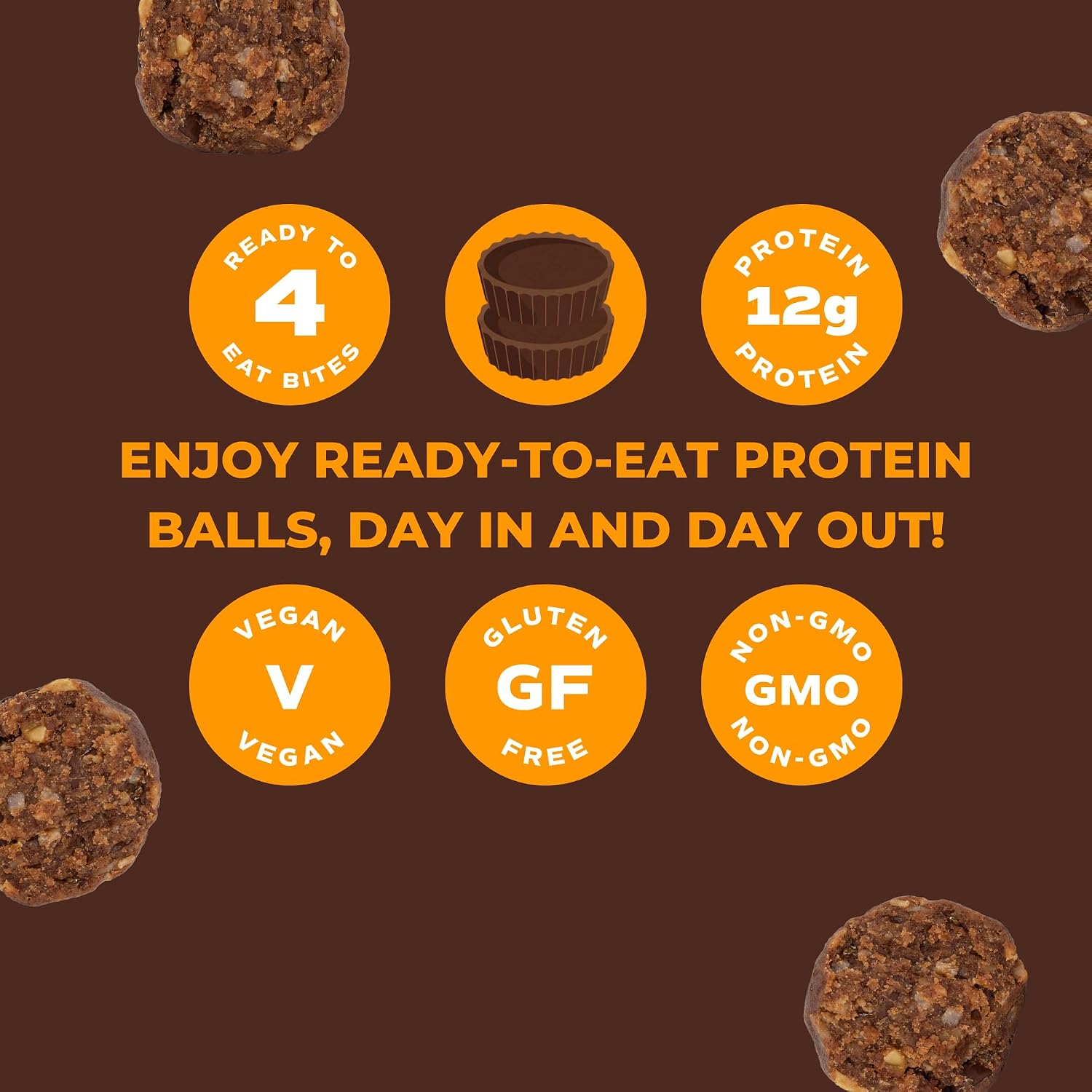 Day Out Protein Snack Balls | Peanut Butter Cup 8 Pack Snack Bites | Gluten-Free, Dairy-Free, Vegan Treat | Convenient Ready to Eat Healthy Dessert Energy Bites | Includes 8 x 2oz Packs (16oz Total) | 12g Protein