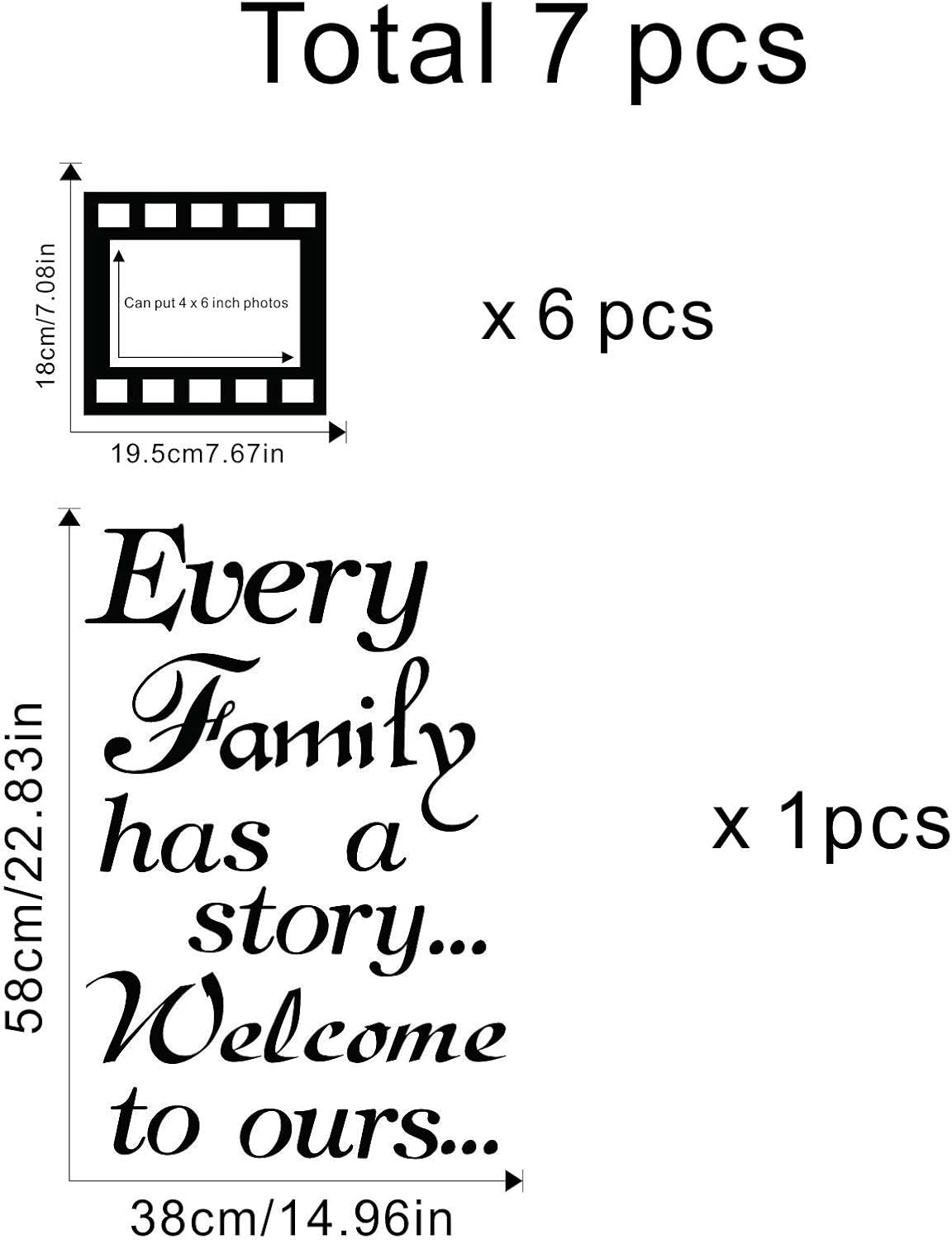 Every Family Has a Story,Family Wall Stickers Decor for Living Room,Contains 6 Pcs 4 x 6 Inch Picture Frame Inspirational Wall Decals Quotes