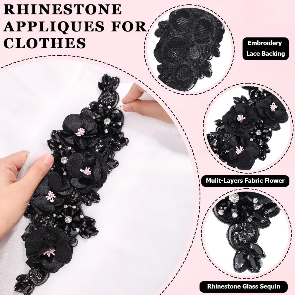 3D Black Floral Lace Applique Rhinestone Embroidered Appliques Flower Crystal Beaded Embroidery Sew on Tulle Repair Patches for Sewing Making Clothes Dresses Wedding Gowns Costumes Bridal