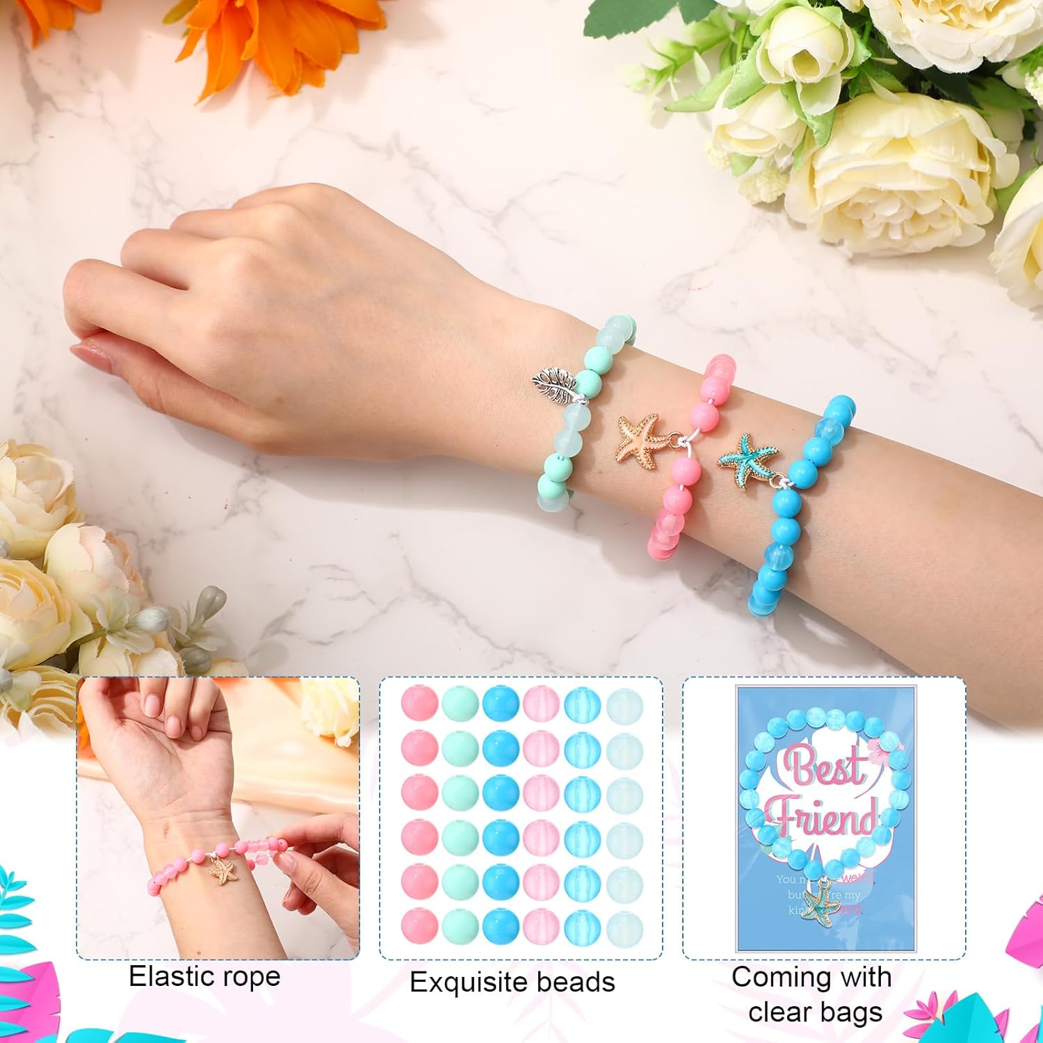 Suncalla 30 Sets Friendship Beaded Bracelets Kits, 810 Pcs Summer Colorful Round Beads Starfish Leaf Hawaiian Pendant Bulk for DIY Bracelets for Bestie Birthday Friendship Party Favors