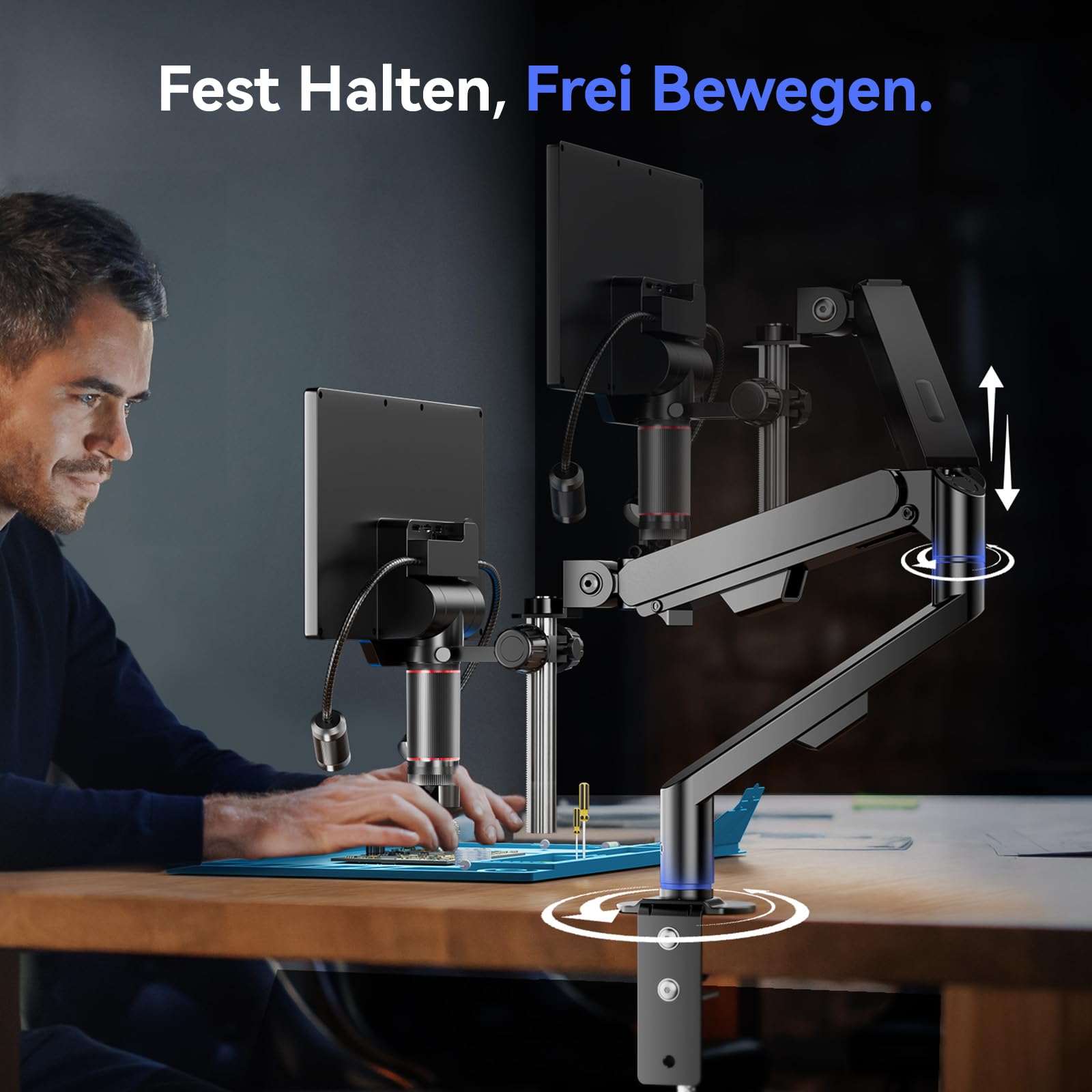 TOMLOV TM3K-3D IPS Digitales Mikroskop mit Magnetische Doppelobjektive, 3D-Lötmikroskop für Erwachsene, 3K UHD HDMI/USB Münz- & PCB-Lupe mit LED-Beleuchtung, Reparaturmatte, Flexibler Armständer, 64GB