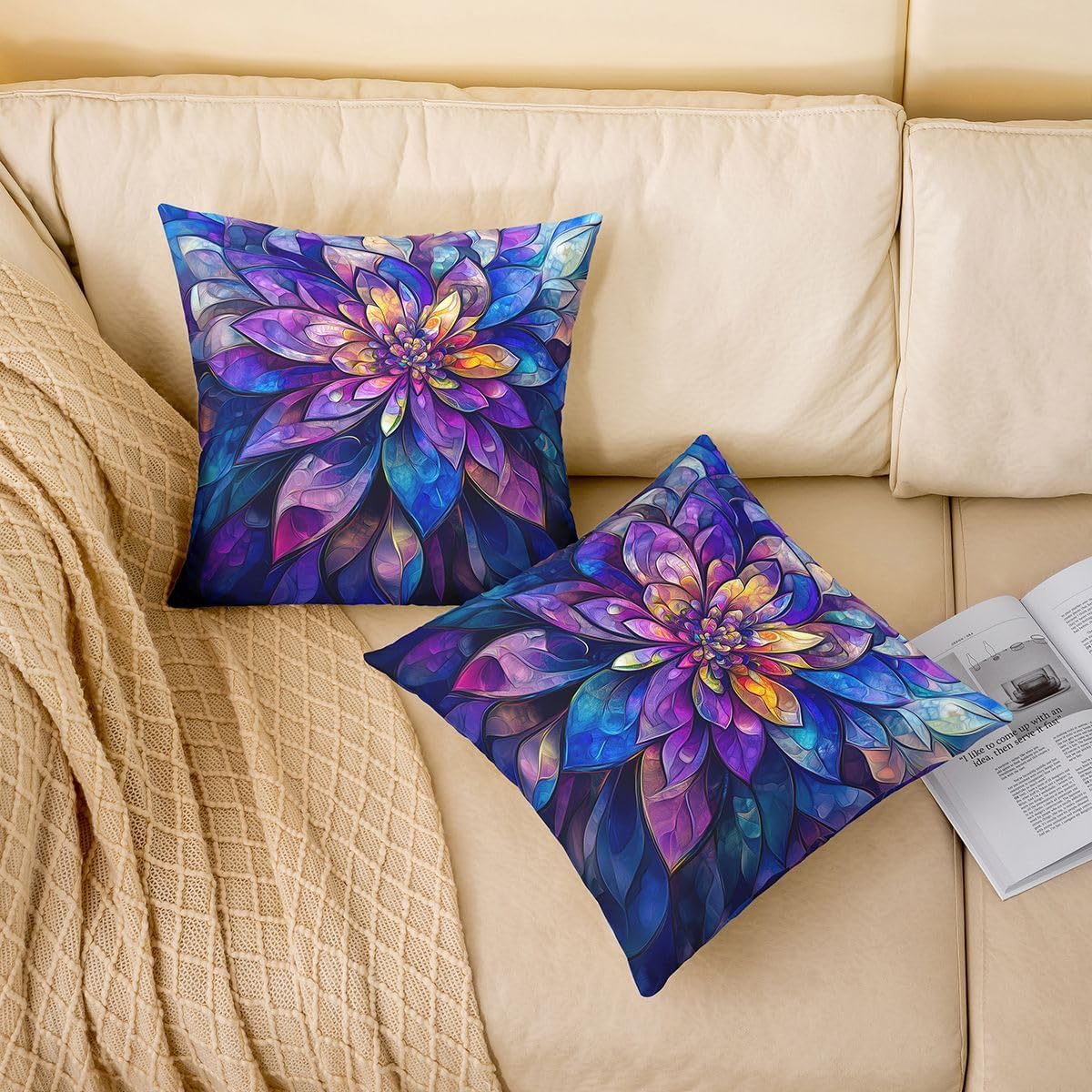Erosebridal Lotus Set of 2 Throw Pillow Cover 22x22 Stained Glass Cushion Cover Flowing Light Modern Art Flowers Cushion Case Geometric Floral Purple Blue Decorative Pillowcase