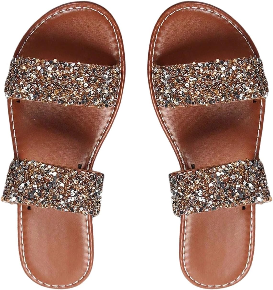 GORGLITTER Women's Sparkly Glitter Strappy Sandals Dressy Double Strap Pearl Slip on Vacation Wedding Flat Sandals