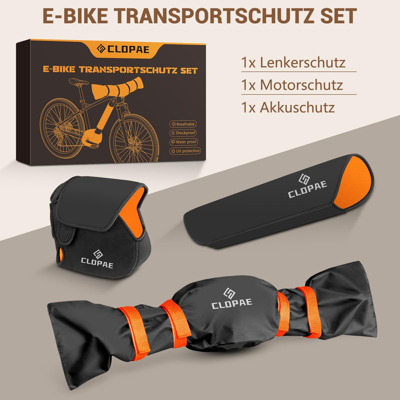 CLOPAE 3-Teiliges E-Bike Transportschutz Set, Lenker schutzhülle I Akku Schutzhülle I Motor Schutzhülle, E bike Schutzhülle Schutz vor Nässe, Staub und Schmutz