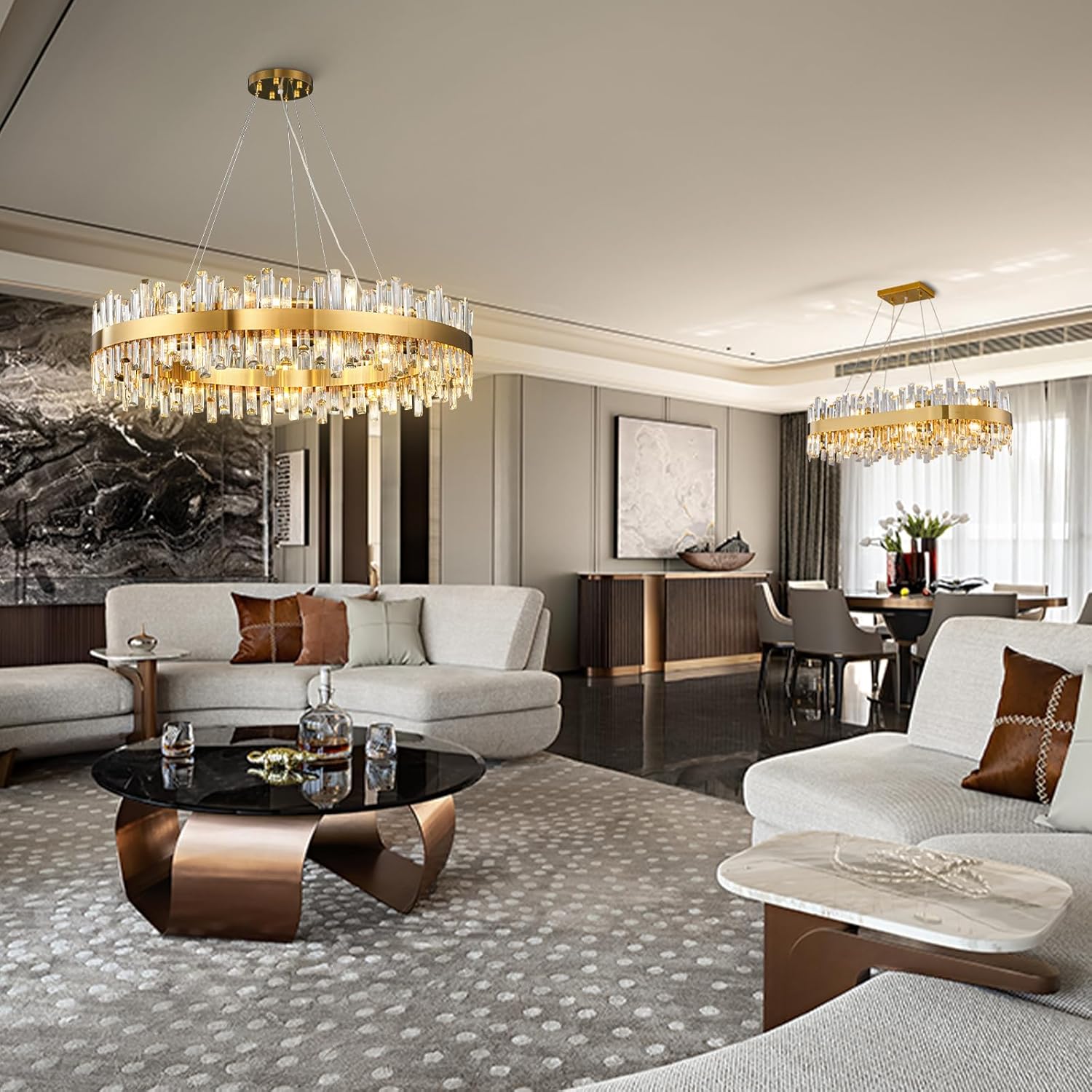 Crystal Chandeliers, Modern 2-Tiers Gold Round Chandelier, Luxury K9 Crystal Hanging Pendant Ceiling Light Fixture for Living Dining Room Kitchen Island Bedroom D39.4''