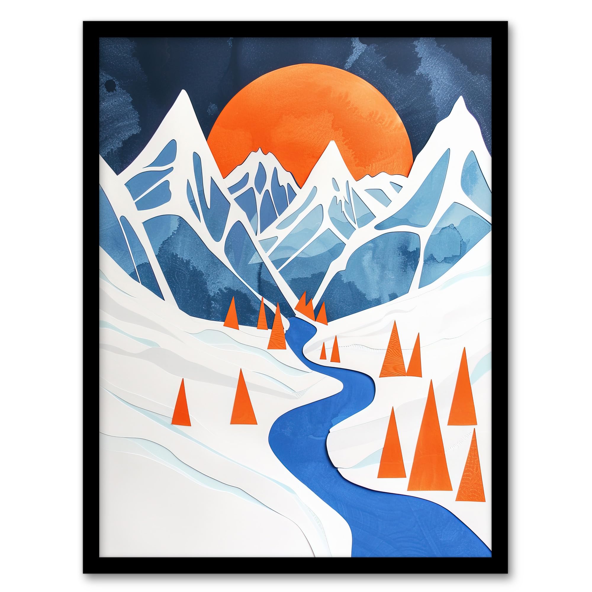 Abstract River Mountain Winter Snow Landscape Framed Wall Art - Blue - A4