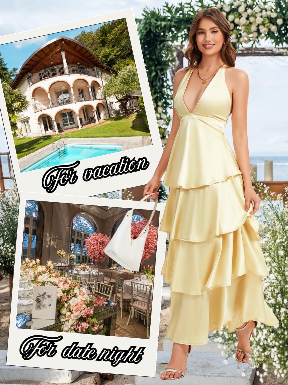 Ruffle Tiered Maxi Dress,Deep V Backless Satin Formal Dresses Women,Homecoming Cocktail Wedding Guest Outfits - Image 2