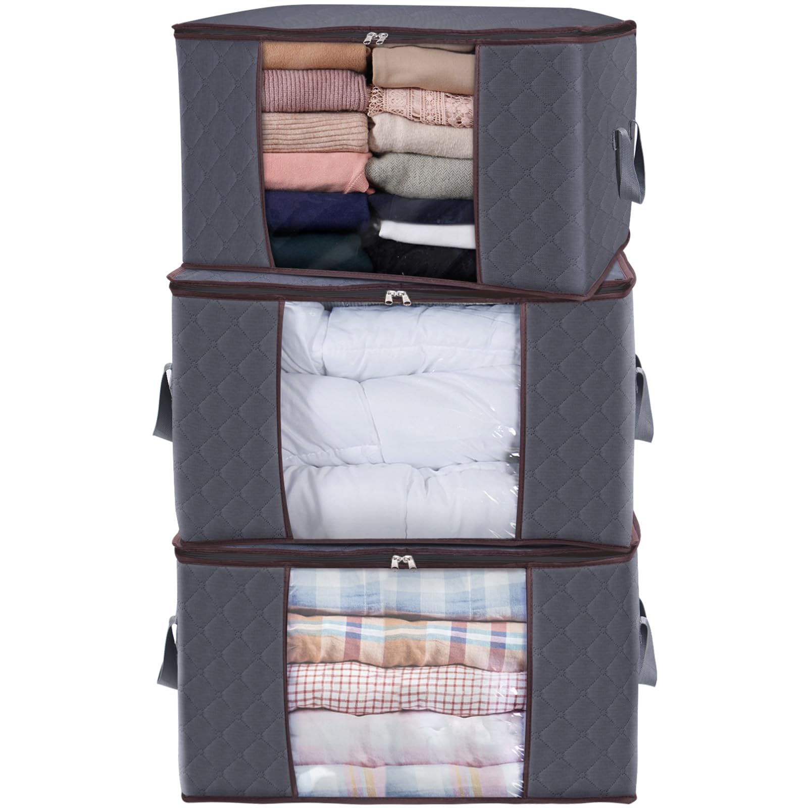 Lifewit Bolsa de Almacenamiento de Ropa de Gran Capacidad con Asa Reforzada y Tela Actualizada para Edredones, Mantas, Organizador de Transpirable con Cremallera Robusta (3, Gris) 90L