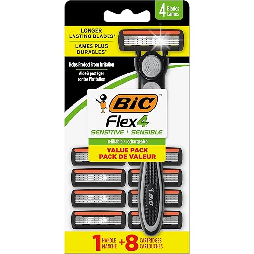 BIC Flex 4 Refillable Razors for Men, Long-Lasting 4 Blade Disposable Razors for Sensitive Skin, 1 Handle and 8 Cartridges, 9 Piece Shaving Kit