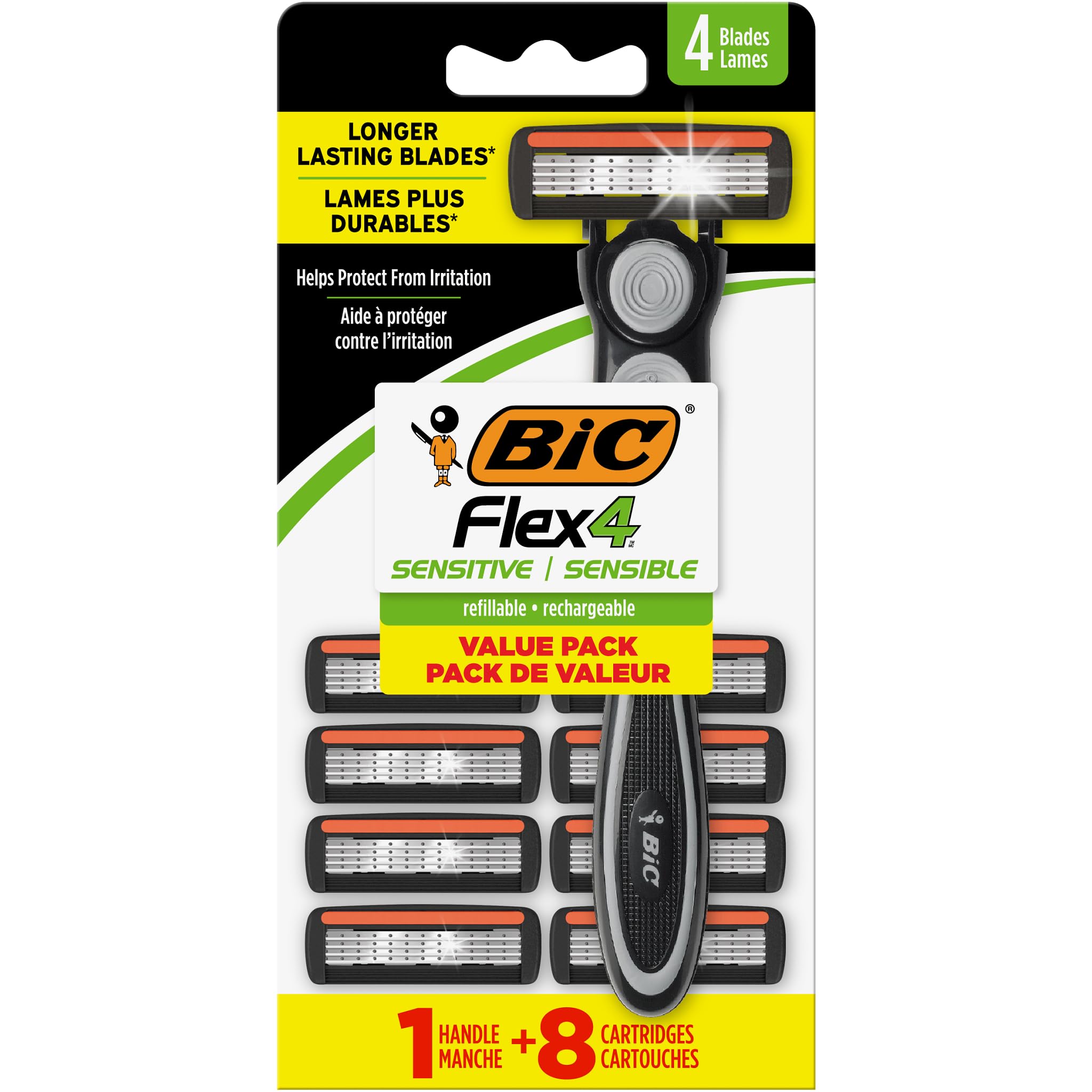 BIC Flex 4 Refillable Razors for Men, Long-Lasting 4 Blade Razors for Sensitive Skin, 1 Handle and 7 Cartridges, 8 Piece Shaving Kit