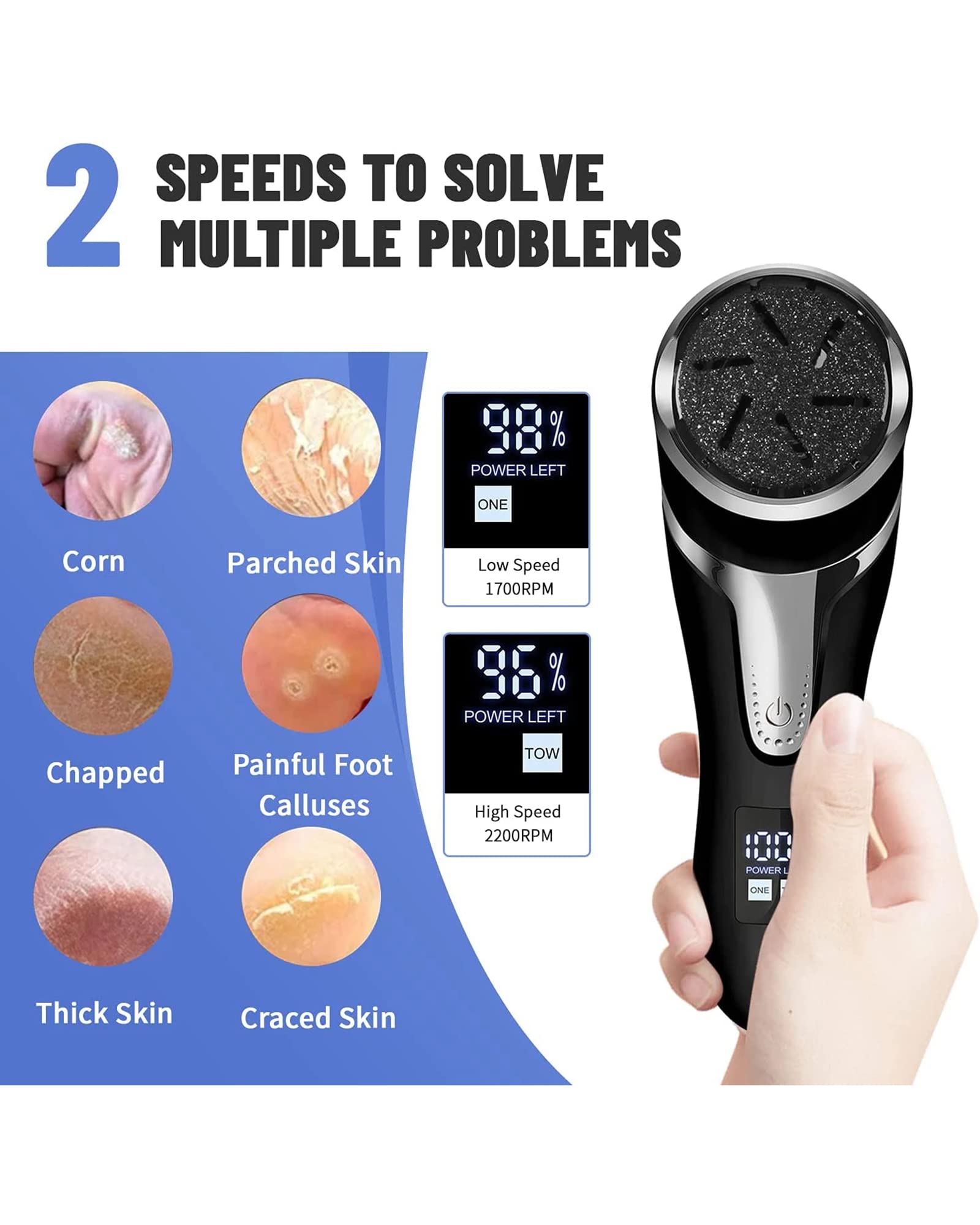 Lima de pie eléctrica portátil con Pantalla Digital LCD y removedor de Callos Herramienta USB para el Cuidado de los pies al vacío con 3 Cabezales de Rodillos y 2 velocidades, Blanco (Negro