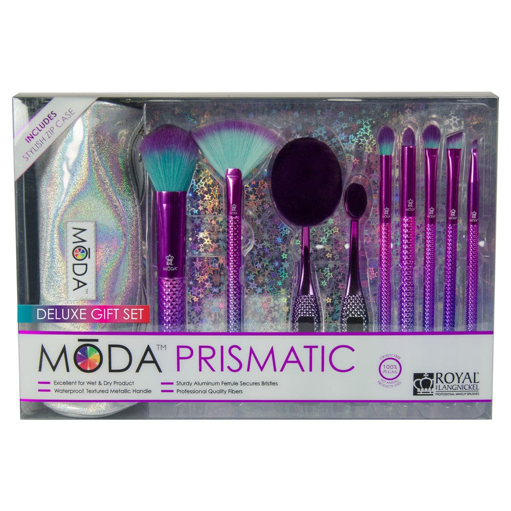 Moda Royal & Langnickel Full Size Prismatic Deluxe Gift 10pc Makeup Brush Set Pouch, Foundation, Contour, Powder - Image 3