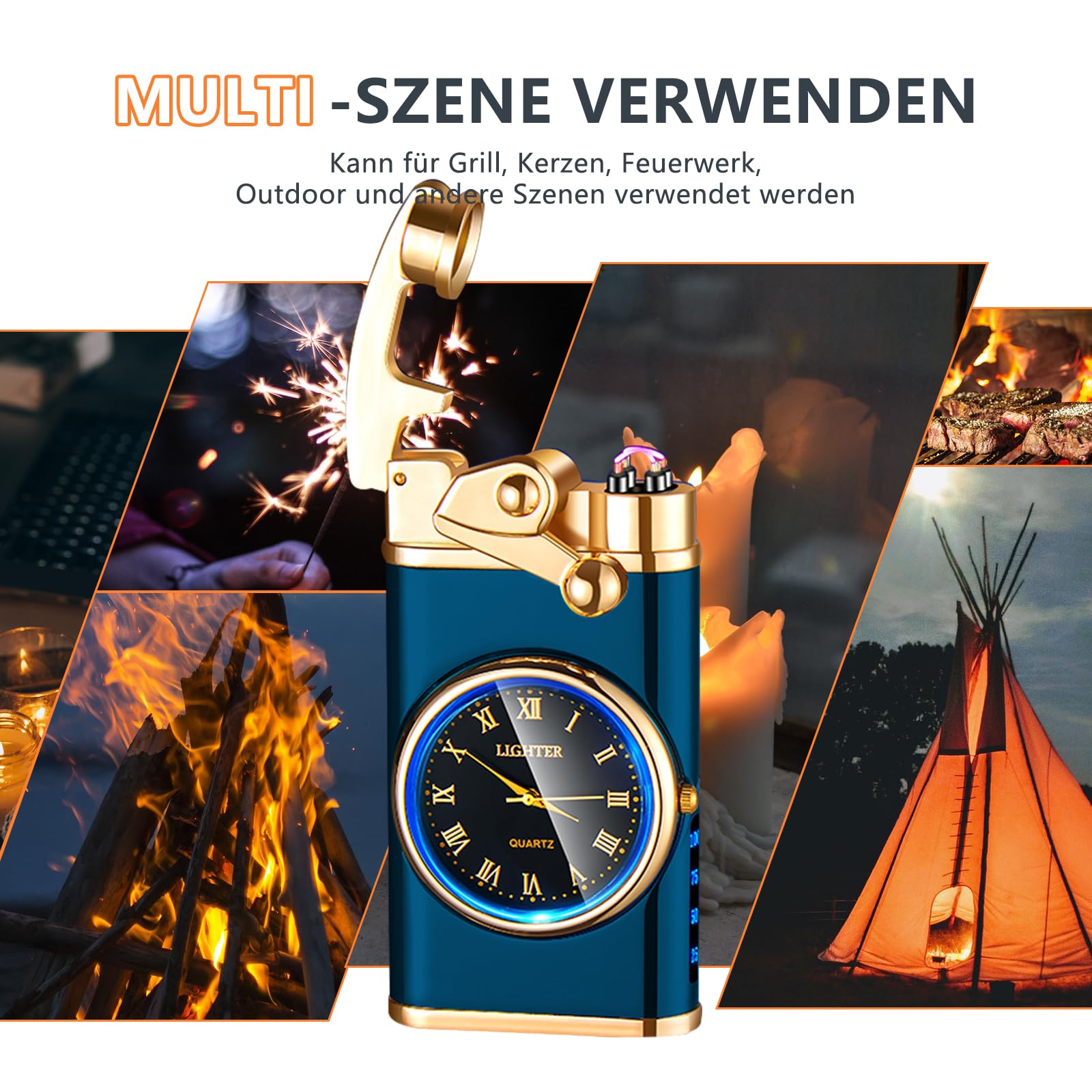 SKRFIRE Briquet électrique à arc plasma, coupe-vent, rechargeable par USB, avec véritable cadran de montre, affichage LED et indicateur de batterie, boîtier en métal pour camping, barbecue, bougie