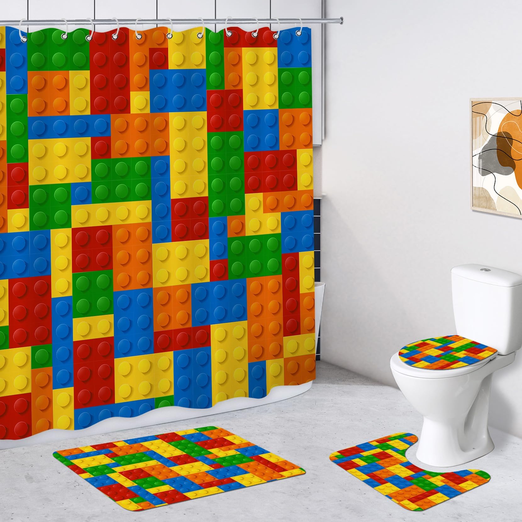 4PCS Kids Funny Blocks Shower Curtain Sets with Non-Slip Rugs, Toilet Lid Cover and Bath Mat, Colorful Shower Curtain Cloth Waterproof Polyester Fabric Bright Bathroom wtih Hooks, 72 x 72