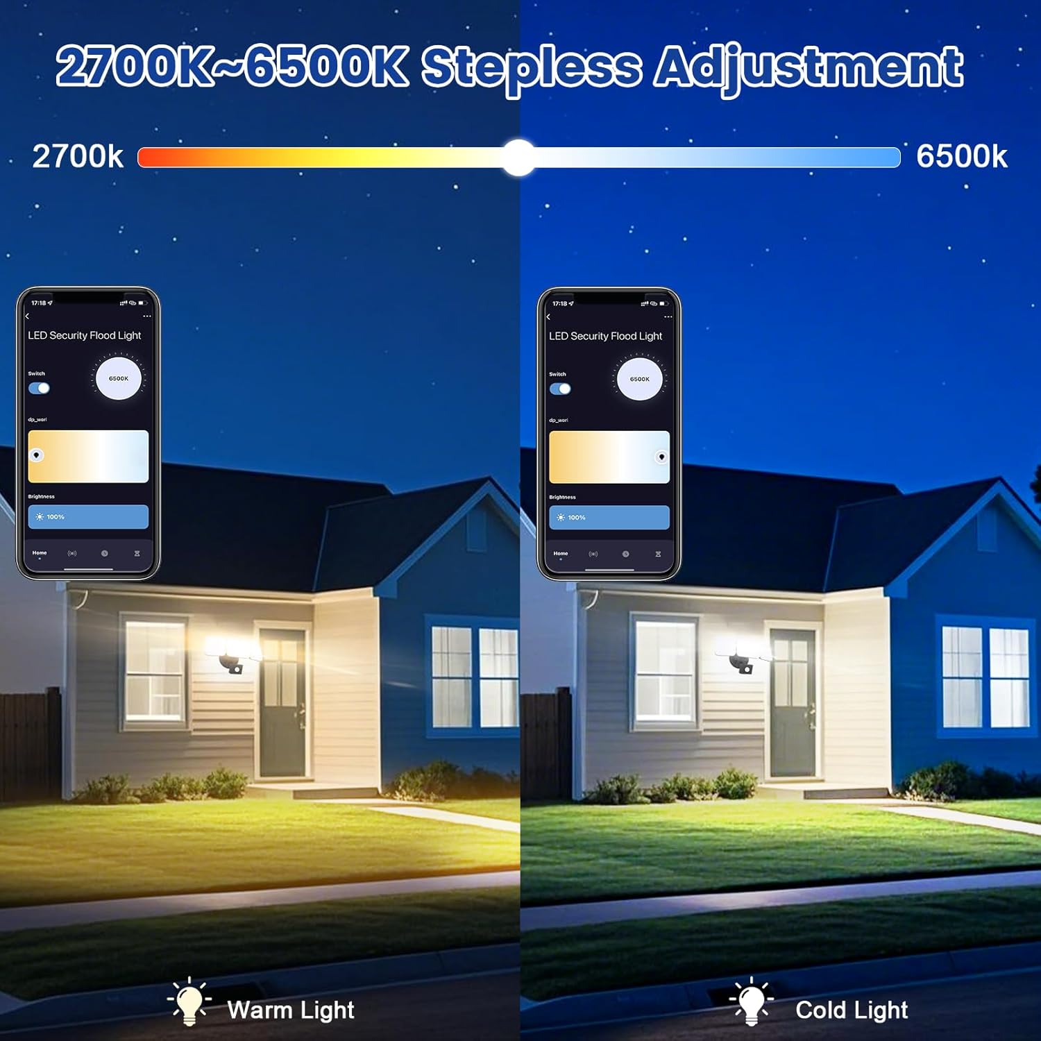 Two images showing the EMANER Smart Security Light emitting warm light (2700K) and cold light (6500K), demonstrating color temperature adjustment.