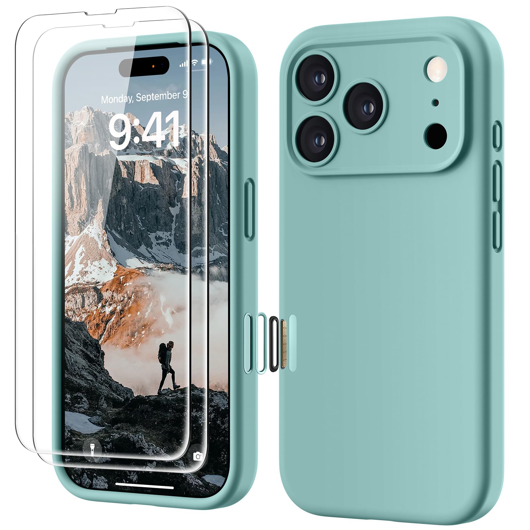 GOODVISH Silicone Cover per iPhone 17 Pro 6.3", Custodia con 2x Vetro Temperato [Pulsante Controllo Fotocamera] 360° Protezione Anticaduta Case per Cellulare Antiurto Resistente, Teal