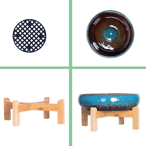 Miniatura 3 de Macetas para suculentas – Macetas grandes para suculentas con drenaje, maceta de cerámica para bonsái de 10 pulgadas con soporte, maceta redonda Azul