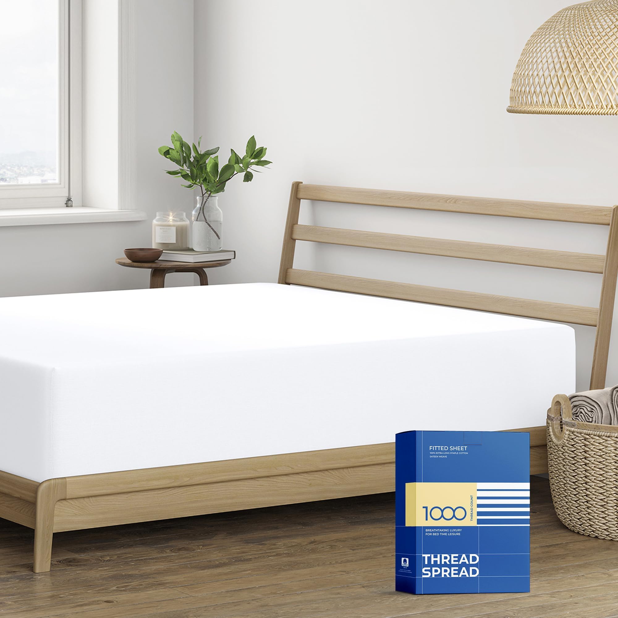 THREAD SPREAD Luxury Egyptian Cotton Queen Fitted Sheet Only - 1000-Thread-Count 16" Deep Pocket Queen Fitted Sheet, Soft, Cooling, Sateen Weave, Extra Long Staple Queen Size Bottom Sheet - WhiteOEKO-TEX STANDARD 100