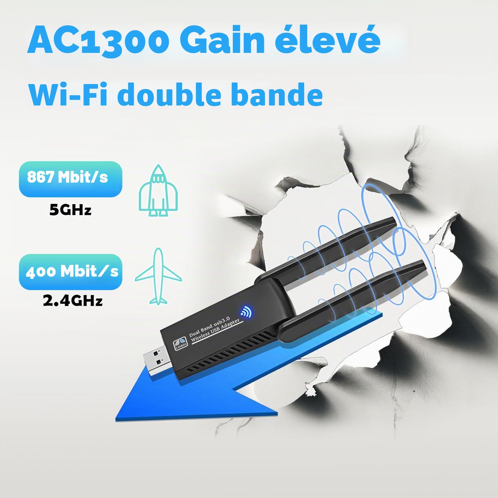 AC1300 Mbps cle WiFi, Double antenne WiFi USB 3.0 Double Bande, 2.4G / 5GHz, MU-MIMO clé WiFi, Carte WiFi pour pc antenne à Gain élevé 5dBi, Compatible avec Windows 11/10/8.1/8/7/XP
