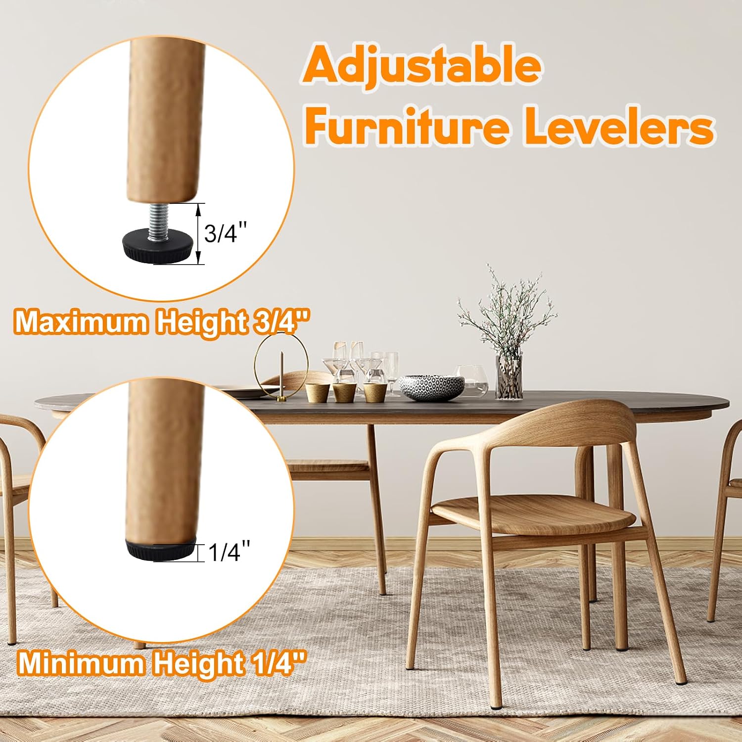 Thread Adjustable Furniture Levelers Screw in Threaded, Adjustable Leveling Feet with T-Nuts Table Chair Leveler Furniture Glide Leveling Feet (12PCS x M6 Thread + 8PCS x M8 Thread)