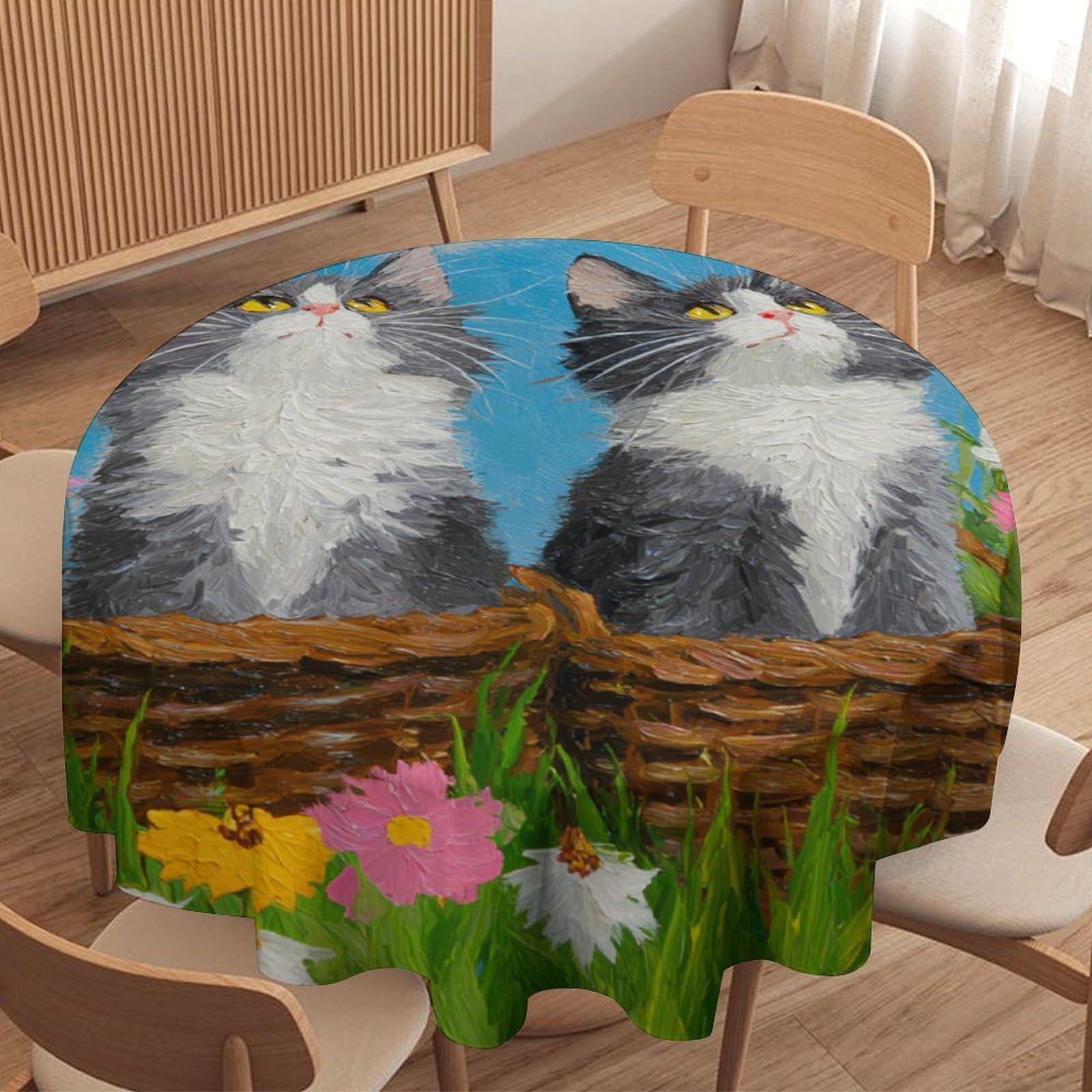 LUYYSKY Beautiful Colorful Cute Cats Round Tablecloth Mid Century Classic Spring Garden Daisies Flowers Animals Kittens Washable Decor for Table Cover for Kitchen-70 Wx70 L