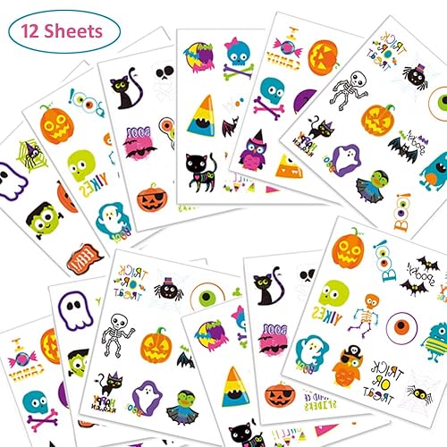 Miniatura 2 de 144 tatuajes temporales de Halloween para niños, 72 diseños lindos coloridos, impermeables, calcomanías de tatuaje de calabaza de dibujos animados