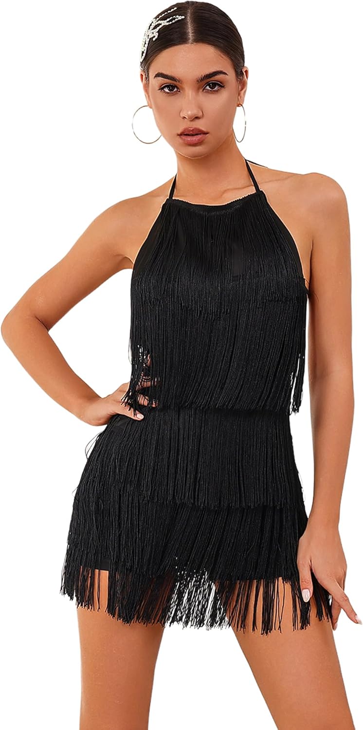 ABAFIP Women Halter Backless Fringe Mini Dress Layered Tassel Cocktail Concert Rave Party Mini Dance Dress