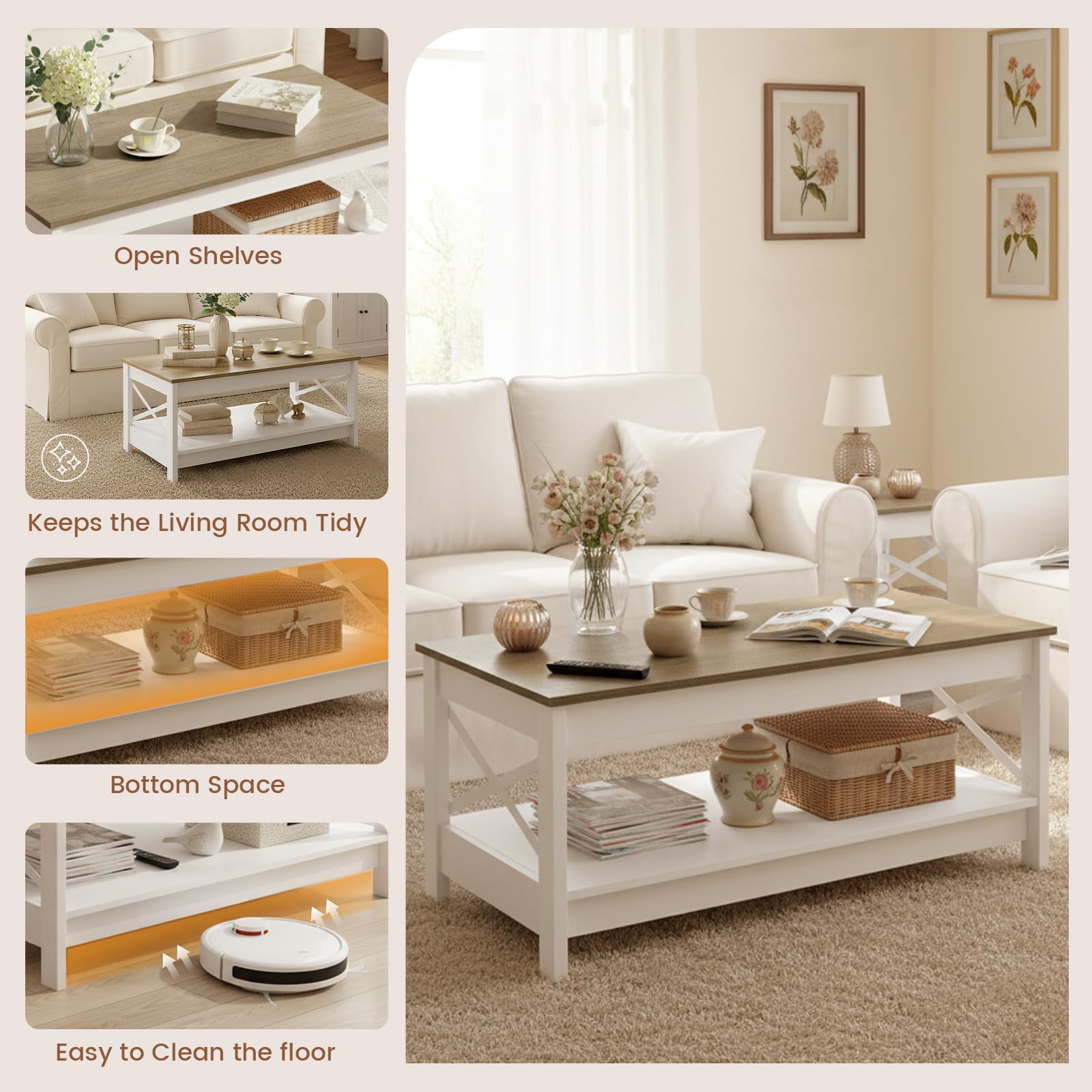 buybyroom Mesa de salón, mesa de salón, mesa de café de 2 pisos, estilo rústico, con espacio de almacenamiento, para dormitorio, salón, entrada, mesa de café, color blanco