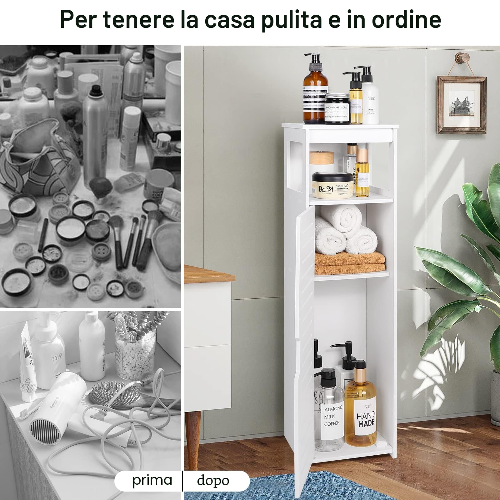 VOGGV Armadietto da bagno autoportante con 1 porta e ripiani per casa, cucina, soggiorno e corridoio, 22 x 20 x 75 cm, bianco