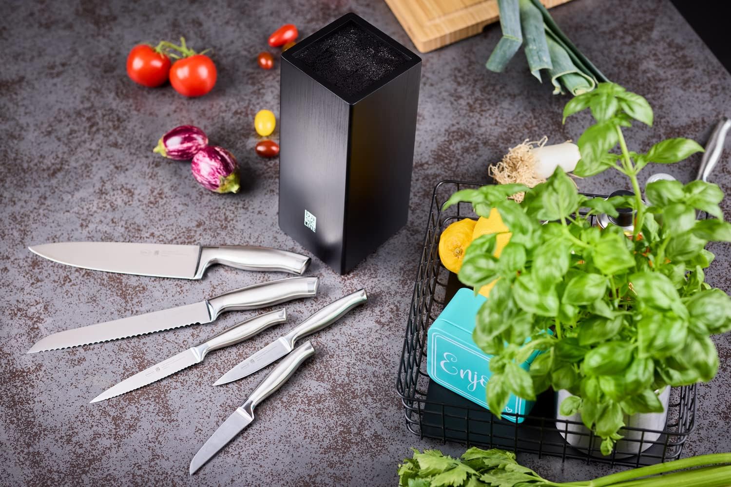 RÖSLE Ceppo portacoltelli da 6 pezzi della linea Basic, di alta qualità, in legno di bambù, con 5 coltelli filati, in acciaio speciale per lame e acciaio inox 18/10, manico ergonomico