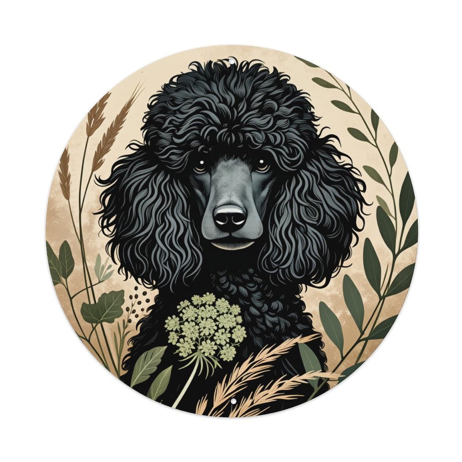 Black Poodle Floral Background Pattern Round Tin Sign Vintage Metal Poster, Home Bar Garage Man Cave Cafe Indoor & Outdoor Wall Decoration 8x8Inches