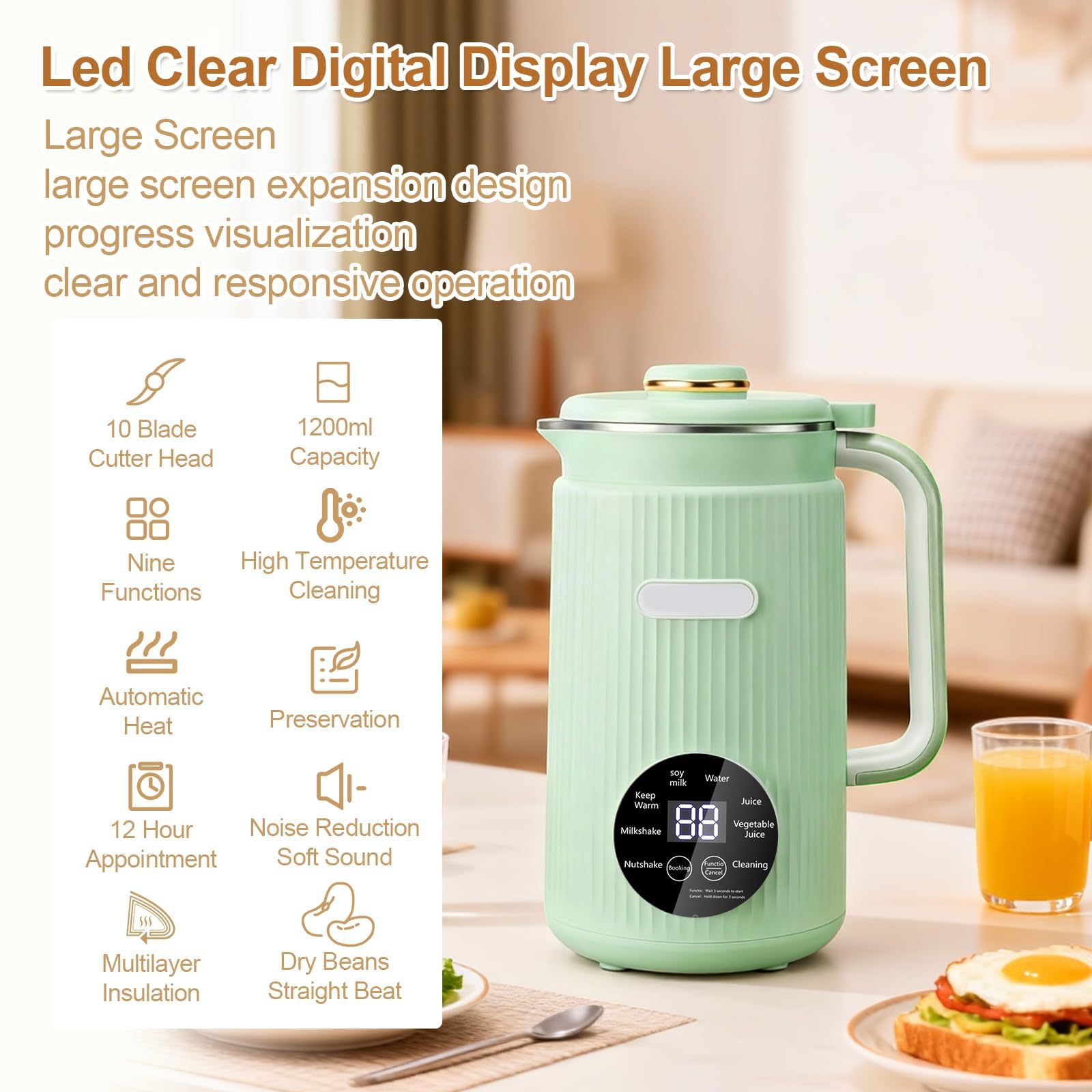 Maszyna do Mleka Orzechowego, 1200 ml 8 w 1 Automatyczna Maszyna do Mleka Sojowego, 10-ostrzy Samoczyszcząca z Funkcją Podgrzewania 8H white