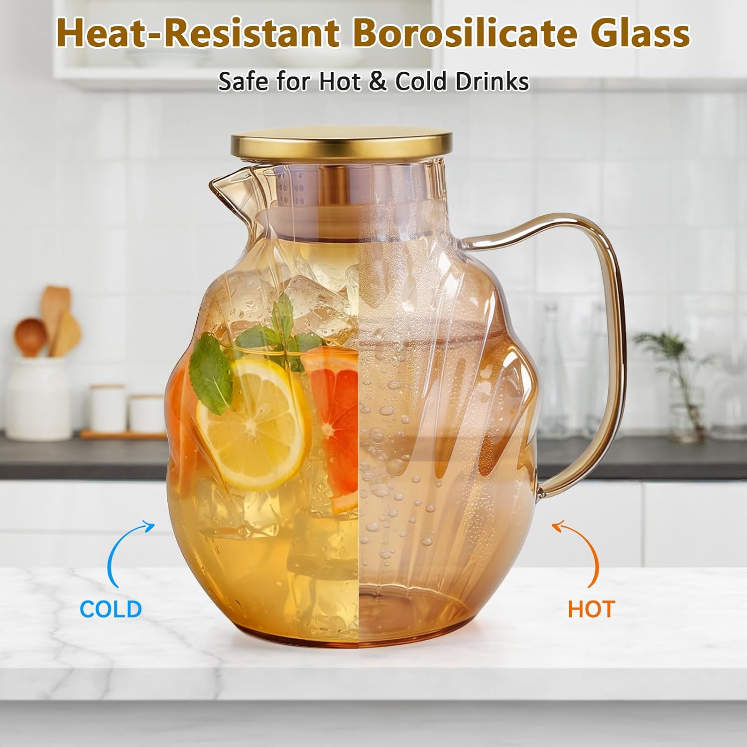 2L Glass Pitcher with Lid, Borosilicate Water Jug for Iced Tea