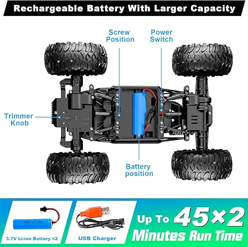 Miniatura 4 de Camión de control remoto a control remoto, escala 114, todo terreno, todoterreno, vehículo eléctrico 4WD con control remoto de 2.4 GHz, 2 baterías