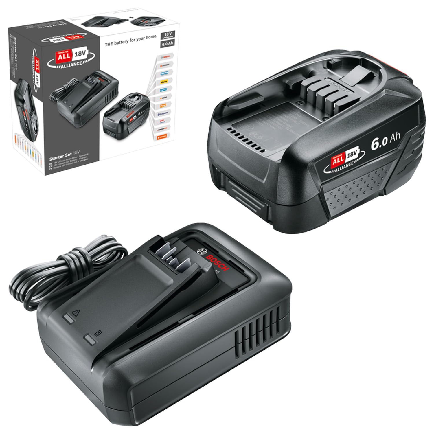 Bosch Kit básico de batería y cargador rápido Starter Set 18V (1 batería de litio de 6,0Ah; 1 cargador rápido; 18V POWER FOR ALL ALLIANCE)