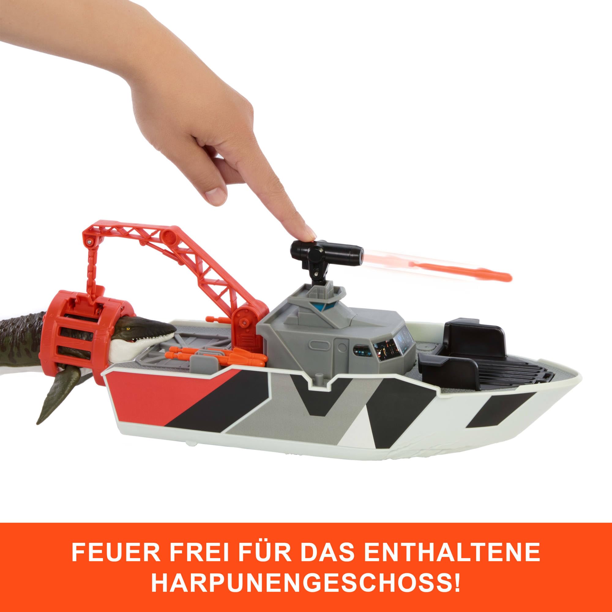 Matchbox Spielzeugauto-Set, Jurassic World 32 cm Dino-Boot mit 33 cm Mosasaurus-Dinosaurier, Die-Cast-Jeep im Maßstab 1:64, Harpunen-Geschosse und abnehmbares Rettungsboot