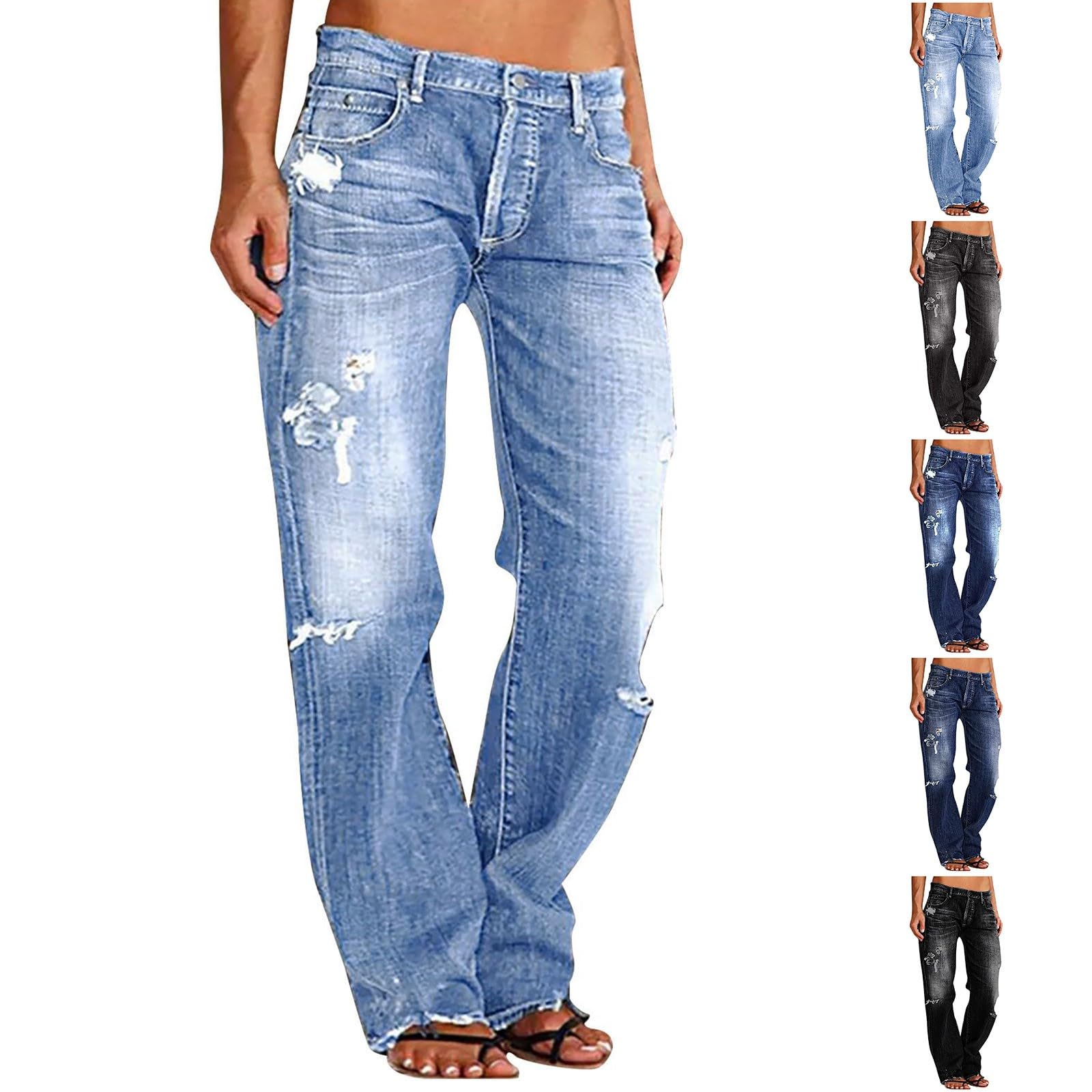 FULILYEOLow Rise Jeans for Woman Light Wash Baggy Straight Leg Jeans Plus Size Boyfriend Distressed Wide Leg Ripped Jean