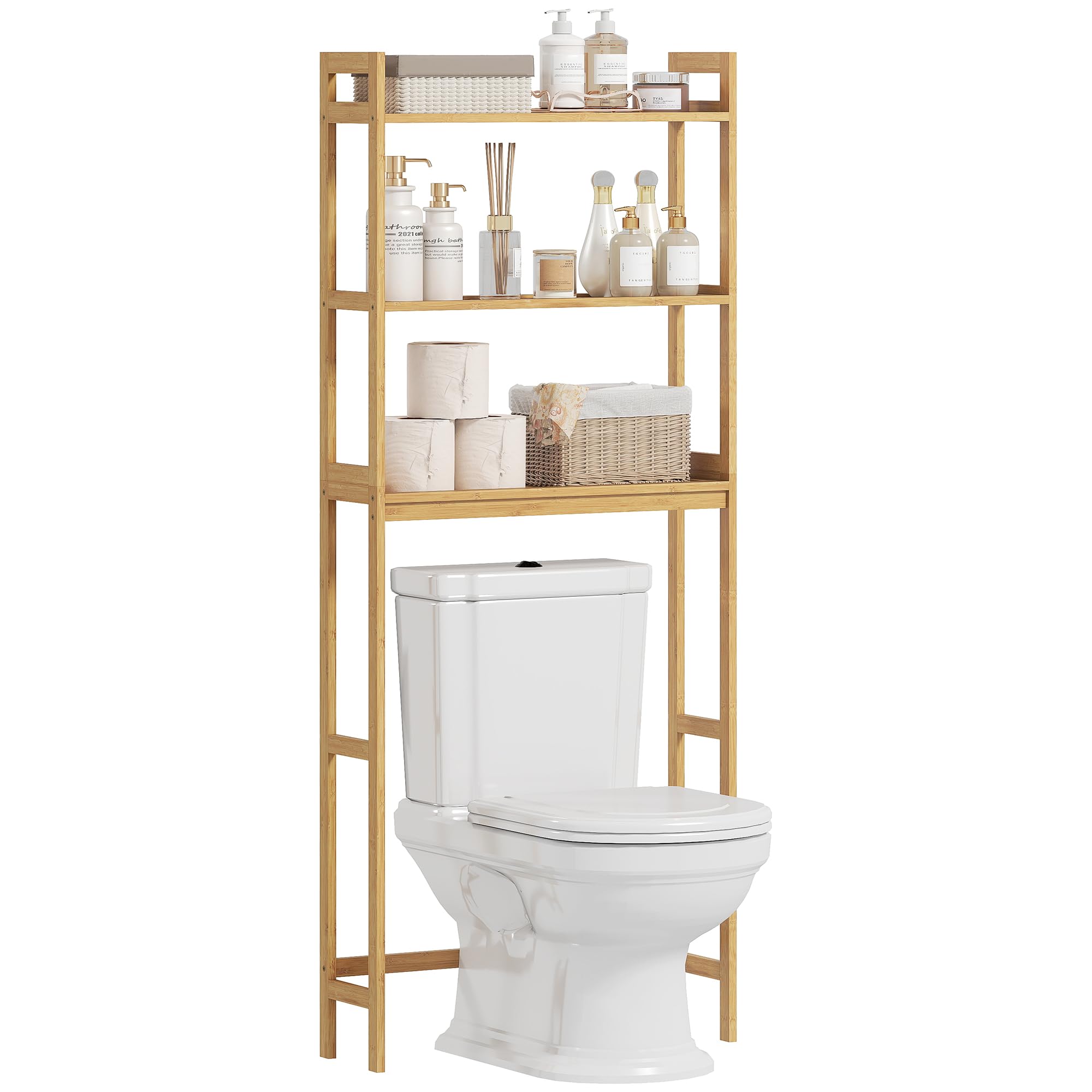 kleankin Estantería sobre Inodoro de Bambú Estantería de Baño con 3 Estantes y Alfombrillas Antideslizantes Antivuelco Estilo Moderno 68x20x165 cm Natural