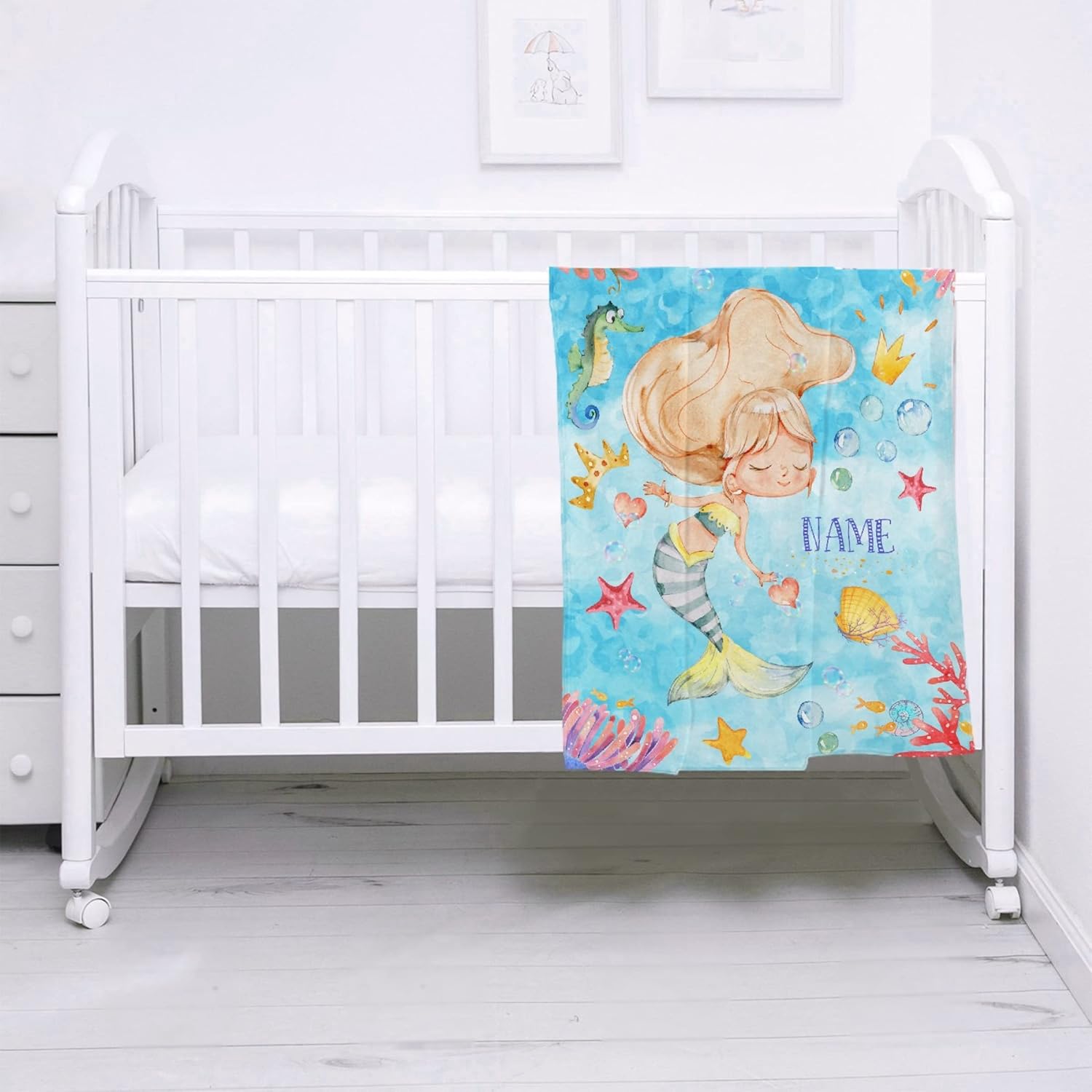 Personalized Cute Mermaid Personalised Baby boy and Baby Girl Name Blankets, Custom Name Blankets, Flannel Fleece Blankets Custom 40"x50" for Kid