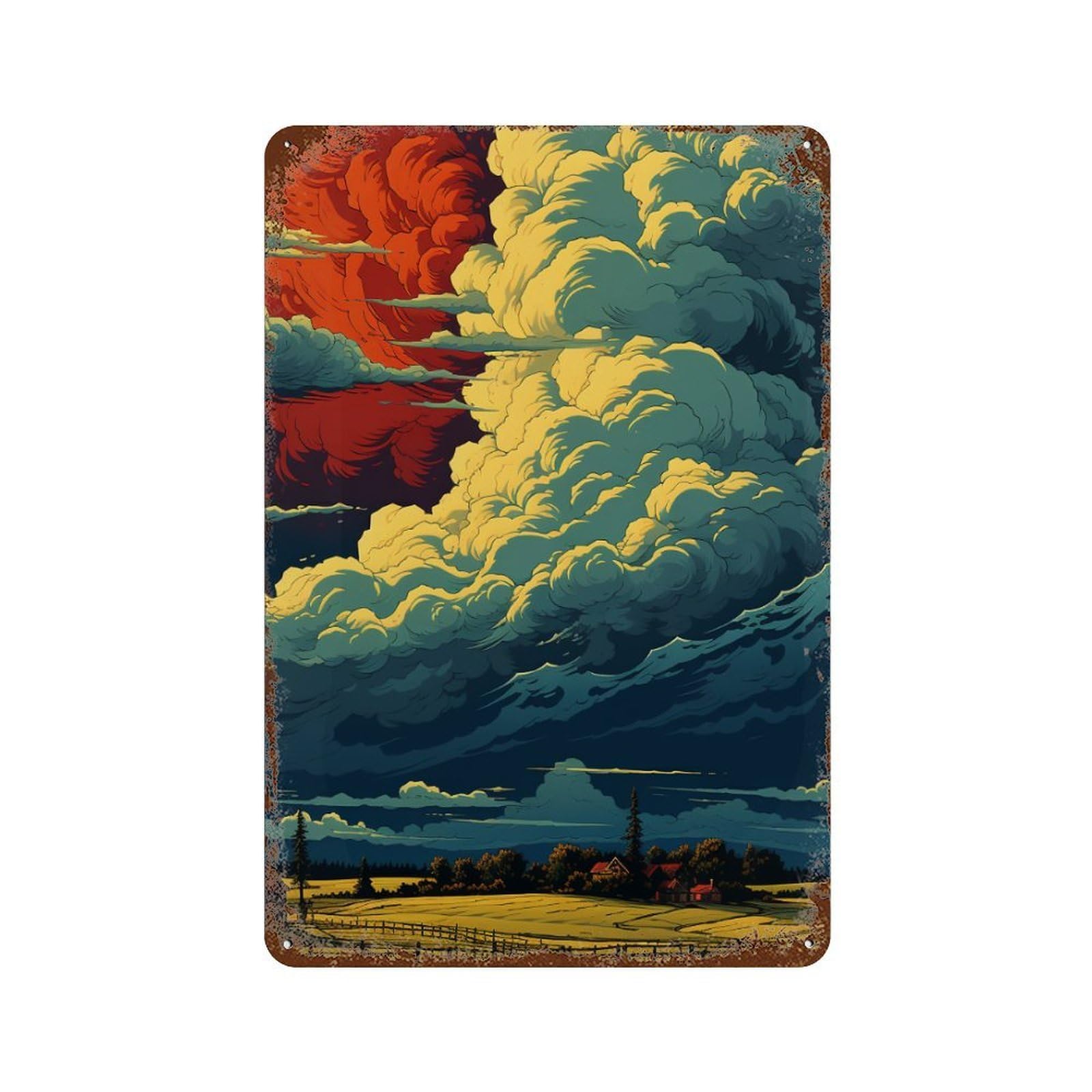 Vivid Rural Landscape with Dramatic Sky Vintage Rust Metal Sign 11.8"x7.9", Shabby Chic Decor for Living Room, Hallway And Home Decor