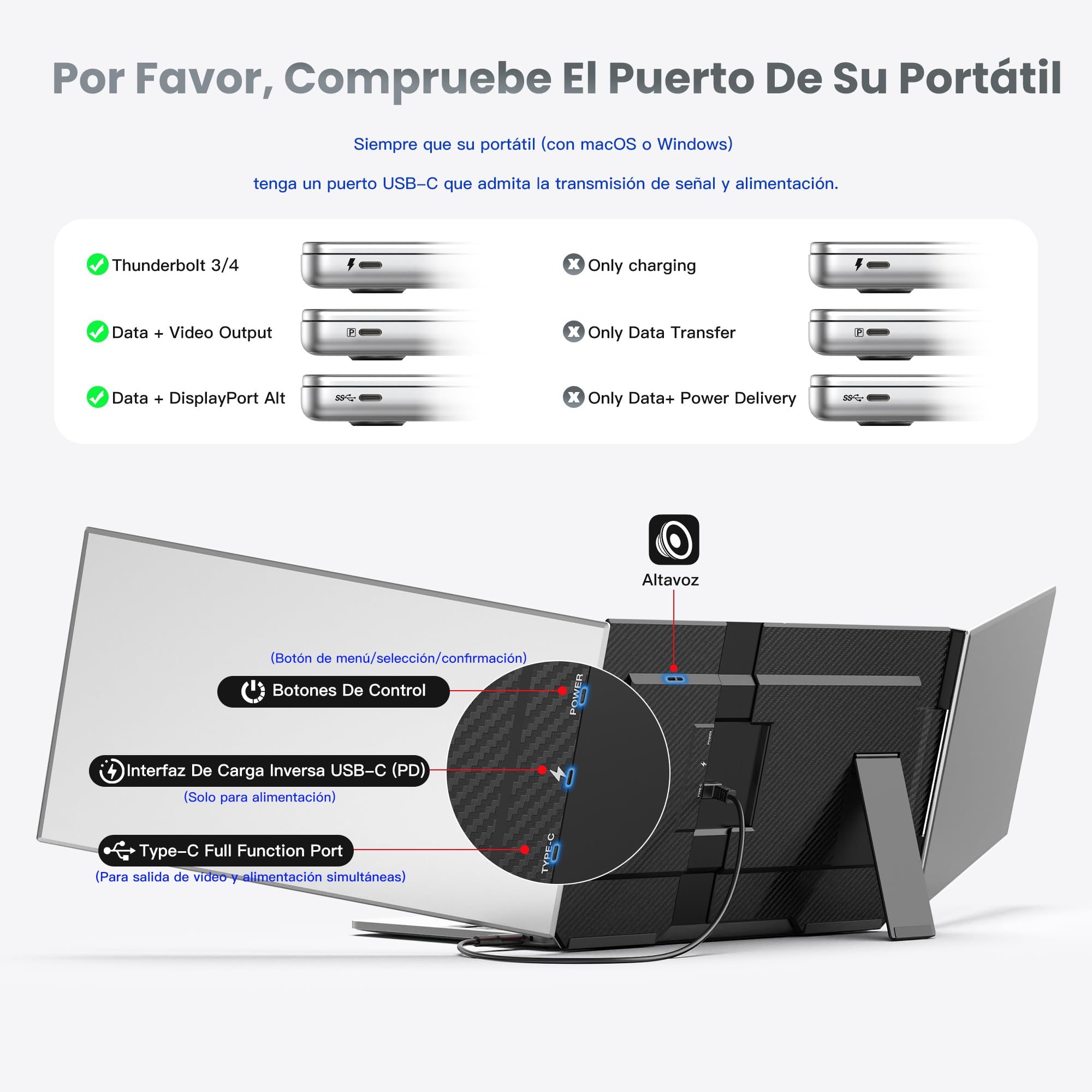 Kwumsy Monitor Portátil 15,6 Pulgadas, Triple Pantalla para Portátil, Plug & Play con un Solo Cable USB-C, Extensor de Pantalla FHD 1080P IPS, Compatible con Portátiles de 13 a 17,3", Mac y Windows