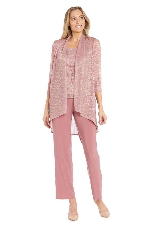 R&M Richards Women's 3-Piece Crinkle Pant Set | Duster Jacket, Straight Pants & Tank Top W/Necklace - Elegant Evening Outfit by R&M Richards - Used condition - US$90.40