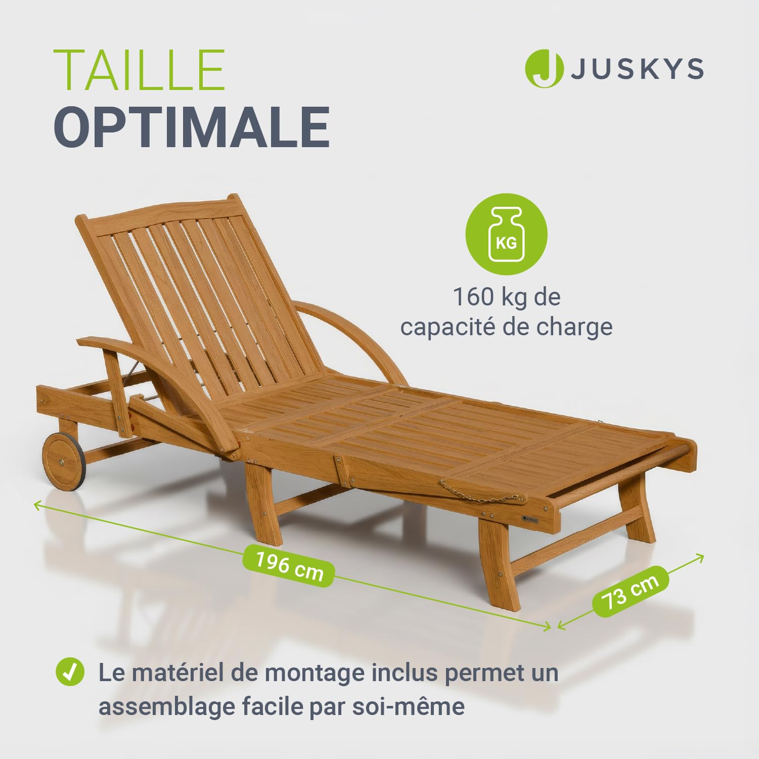 Juskys Lot de 2 Bains de Soleil SunScape en Bois d’Acacia Naturel avec Table réglable Repose-Jambes Dossier Ajustable Pliable roulettes 196 x 72,5 x 30 cm